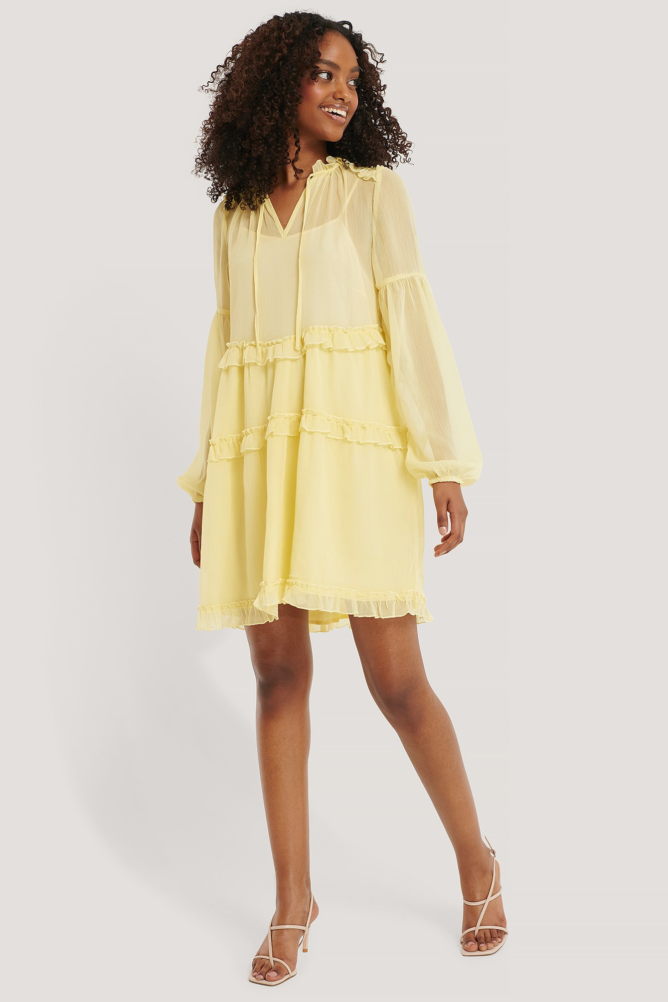 Pale Yellow NA-KD Boho Ruffle Chiffon Dress