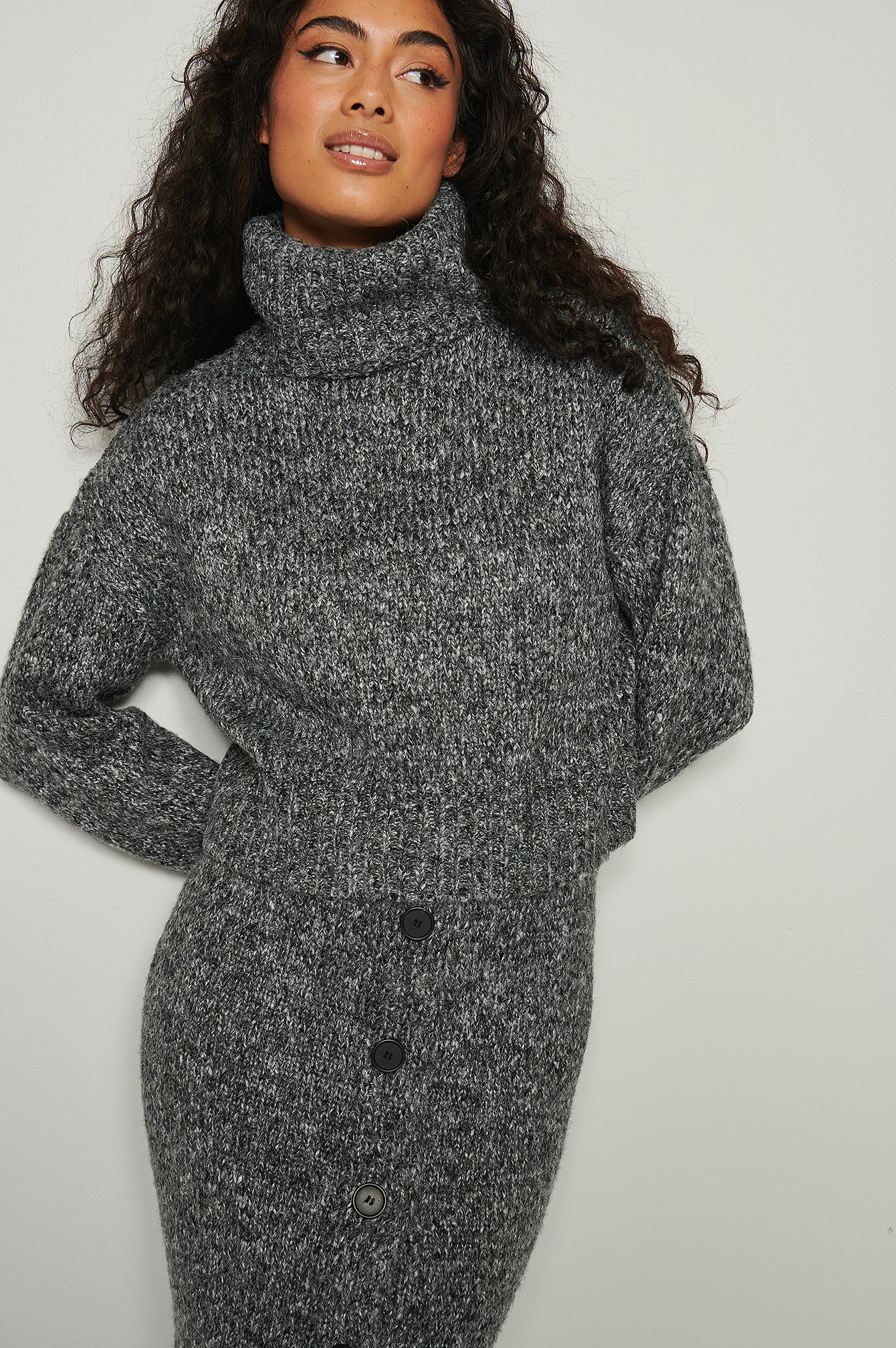 Black Melange Knitted Melange High Neck Sweater