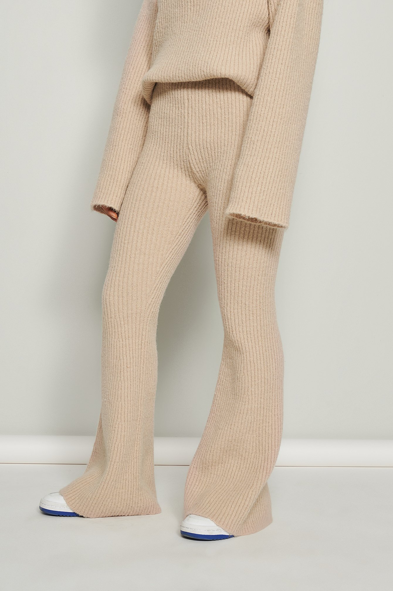 Beige Knitted Ribbed Straight Pants