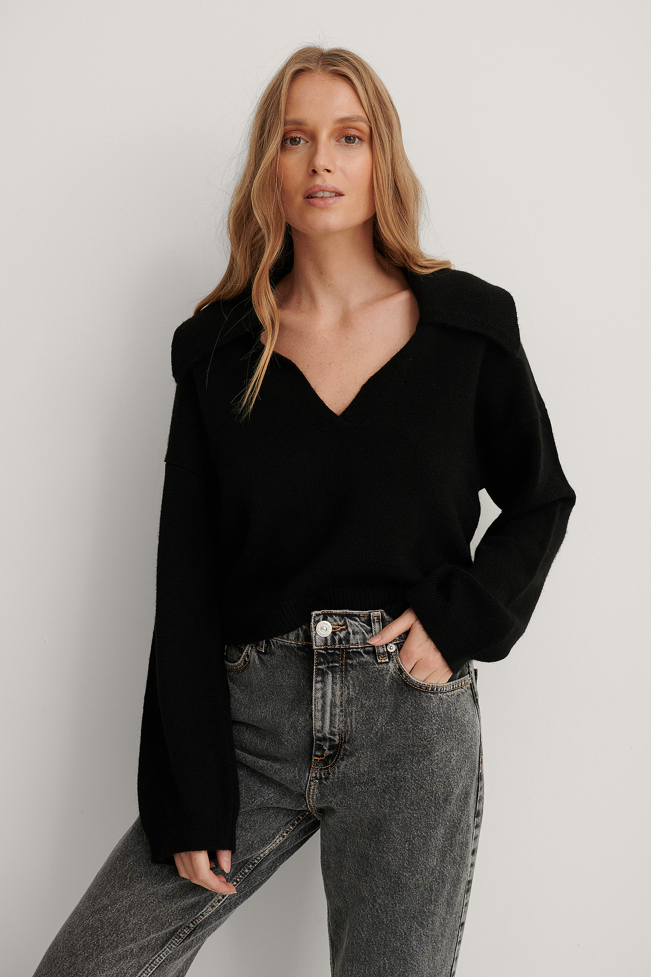 Wide Sleeve Collar Detail Knitted Sweater Black NAKD