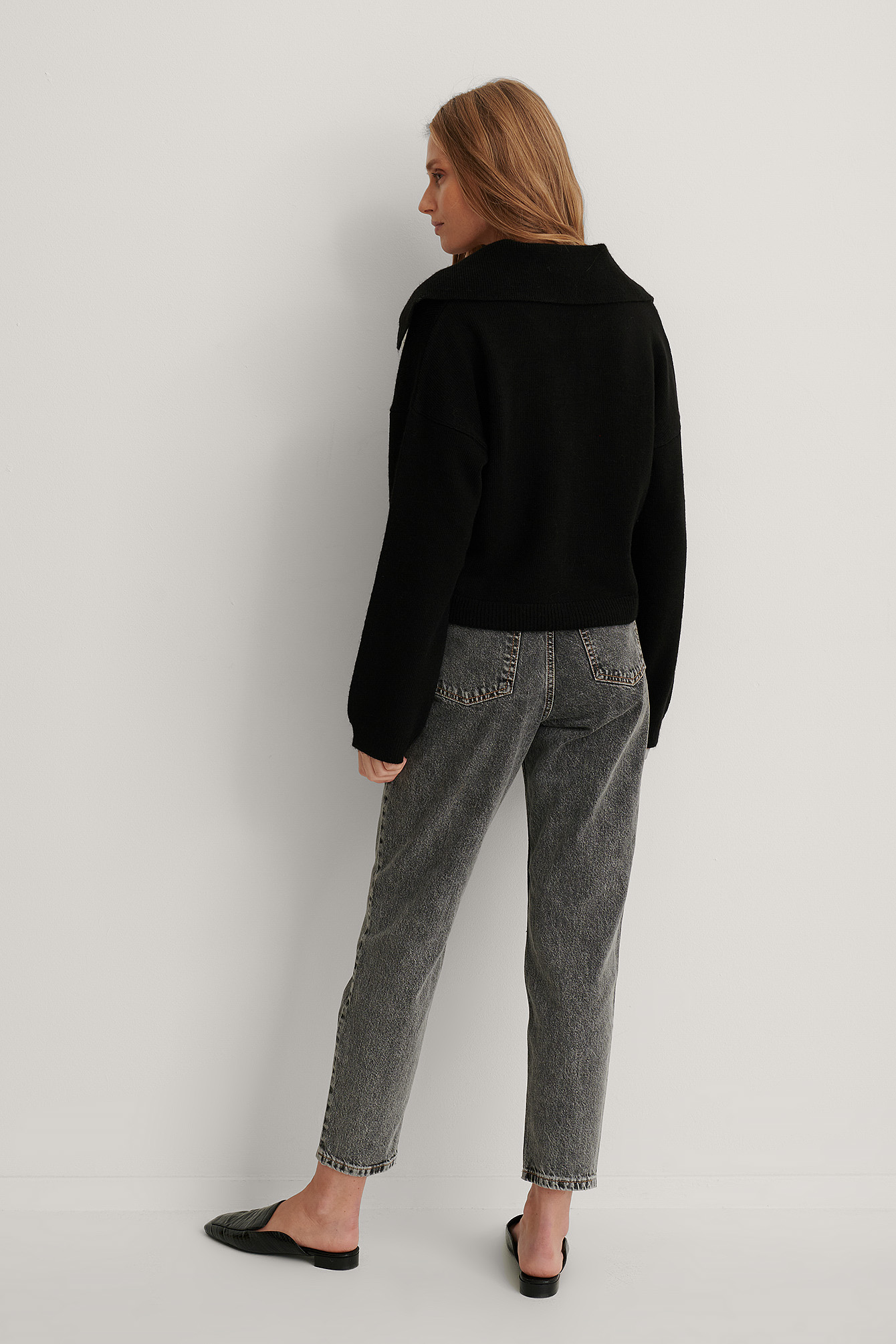 Wide Sleeve Collar Detail Knitted Sweater Black