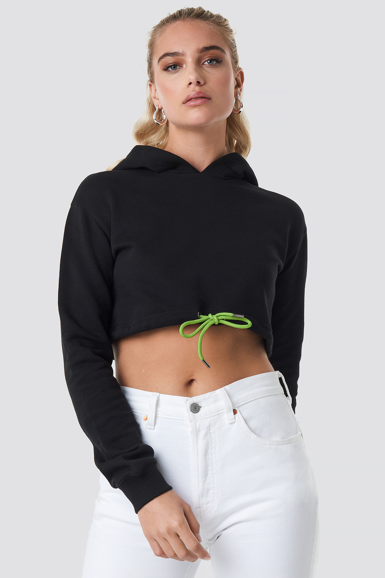 Neon Drawstring Cropped Hoodie Black