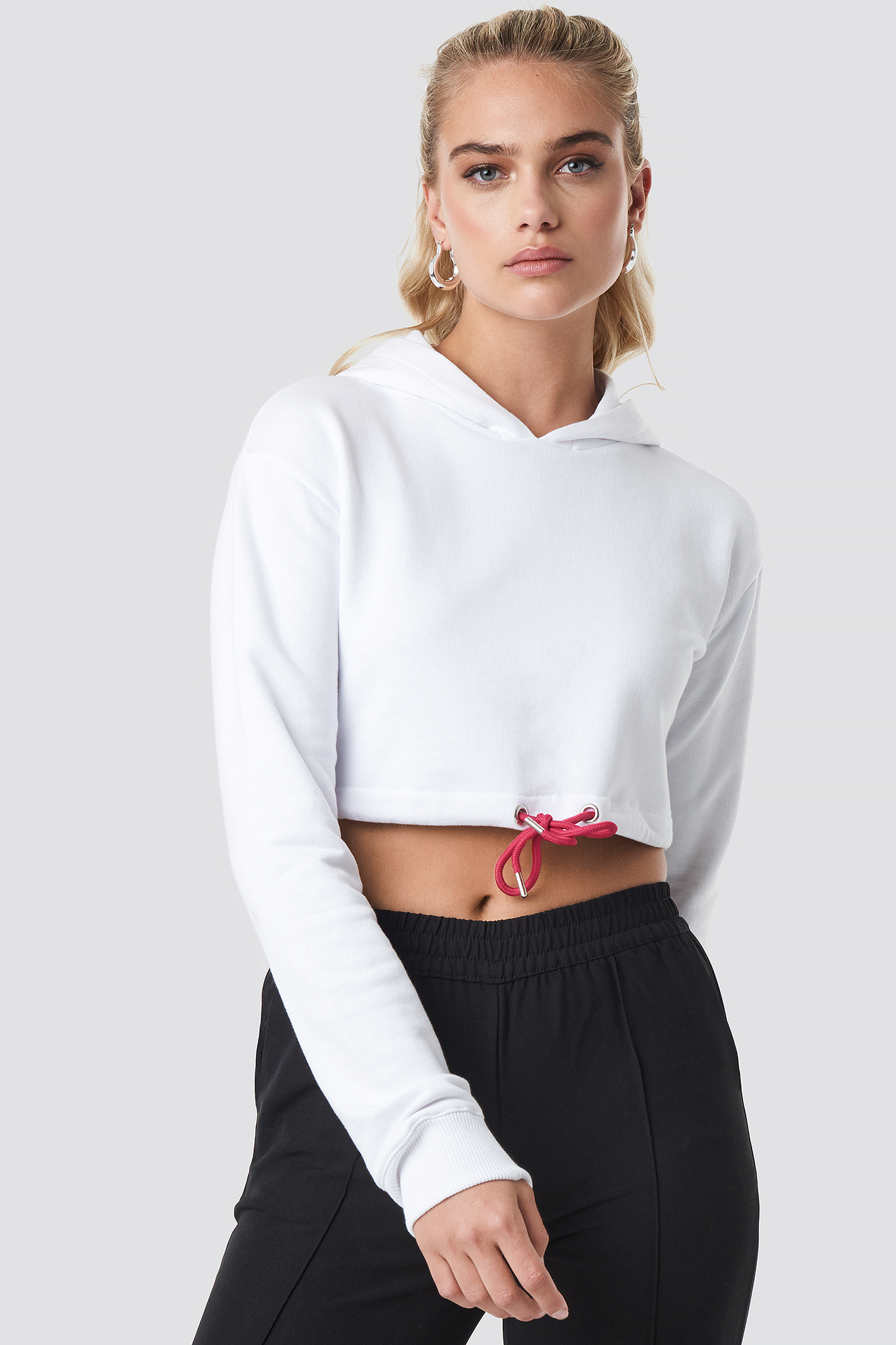 Neon Drawstring Cropped Hoodie White