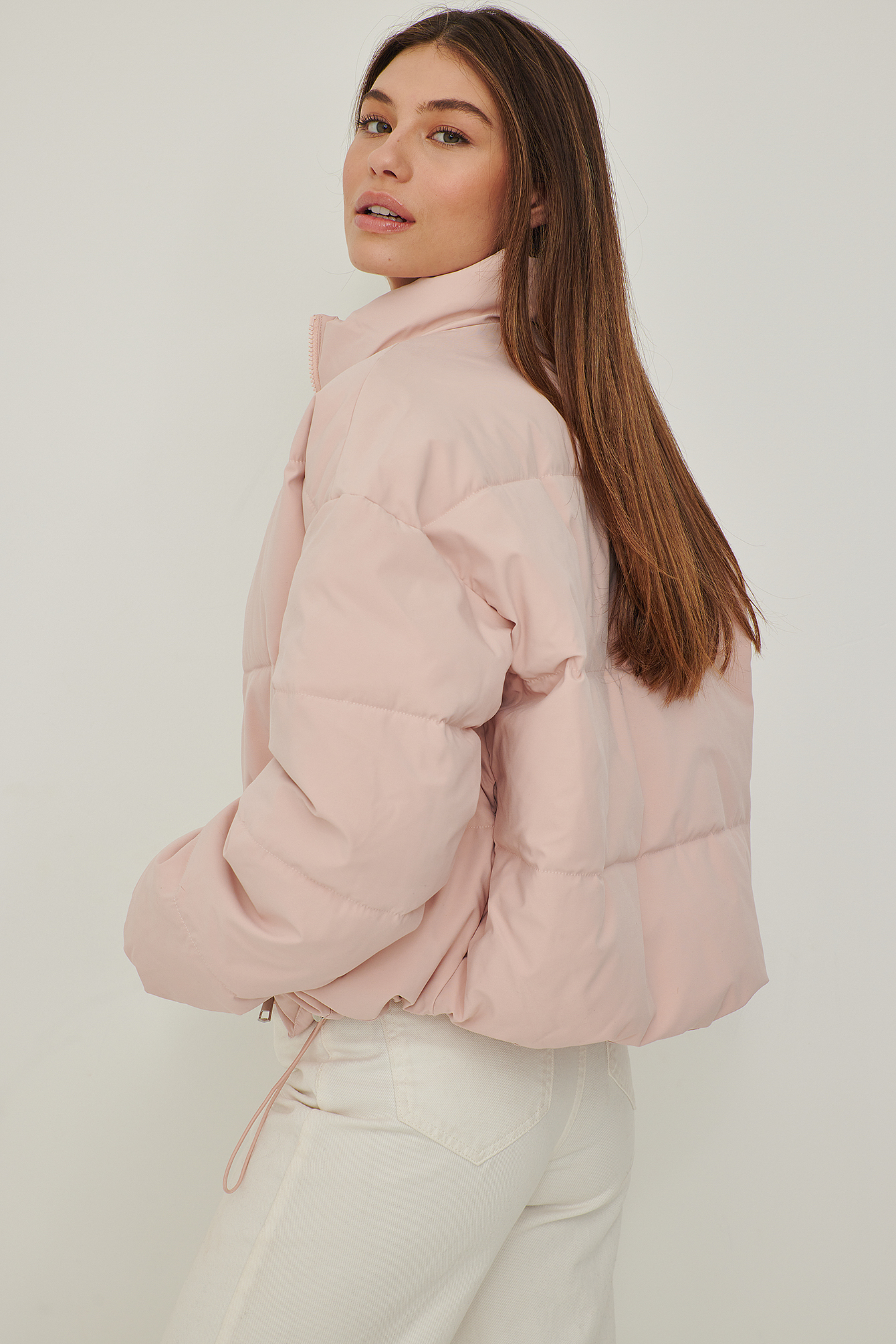 pink cropped puffer jacket