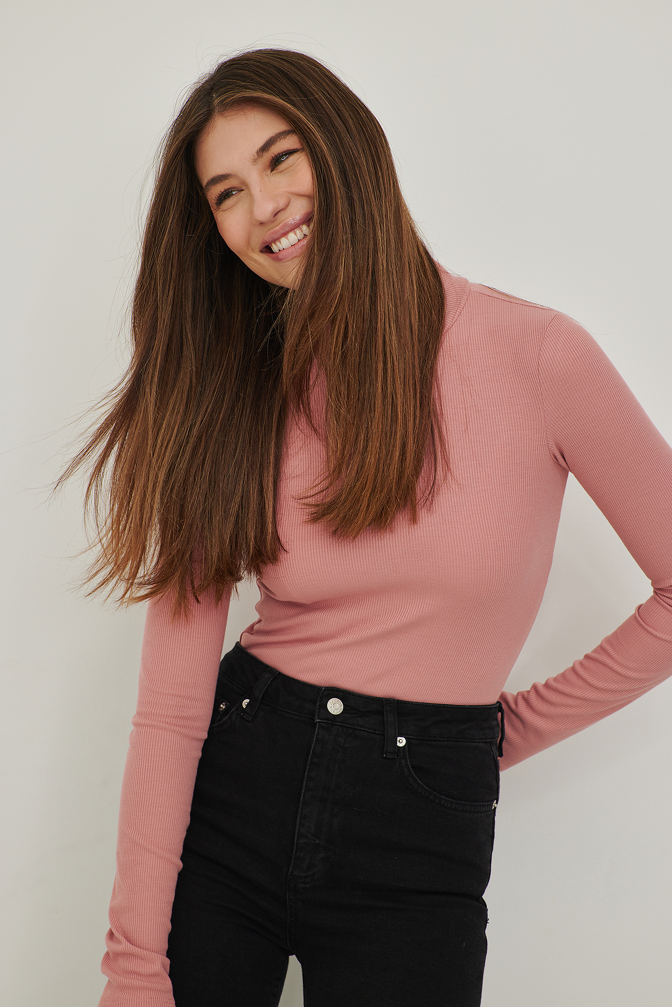pink ribbed turtleneck