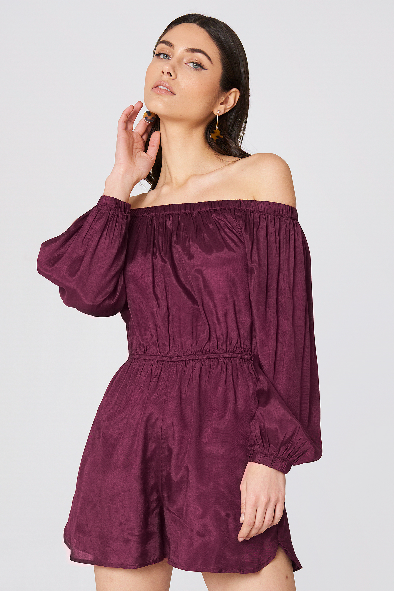 Off Shoulder Balloon Sleeve Playsuit Burgundy