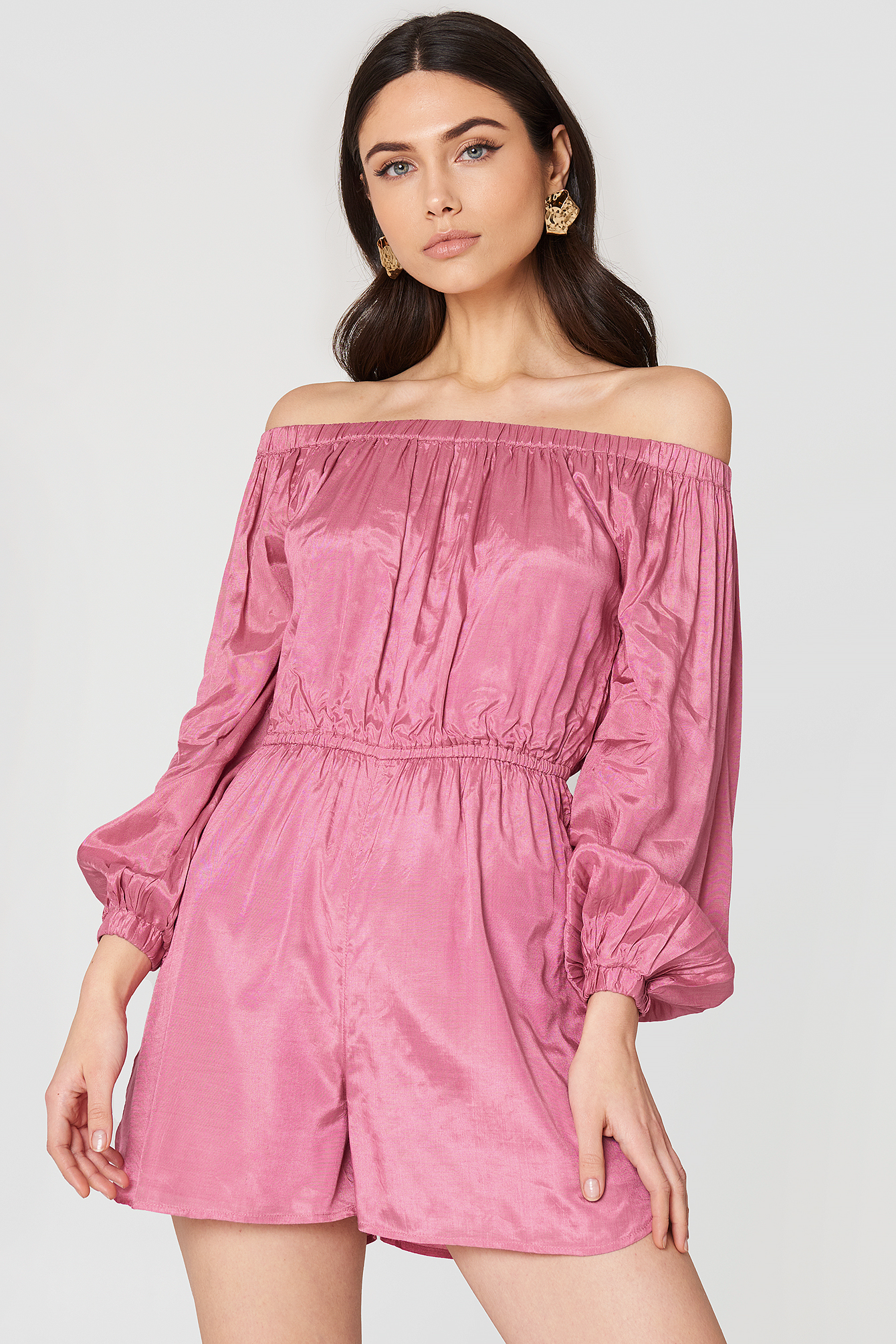 Off Shoulder Balloon Sleeve Playsuit Ballet Pink