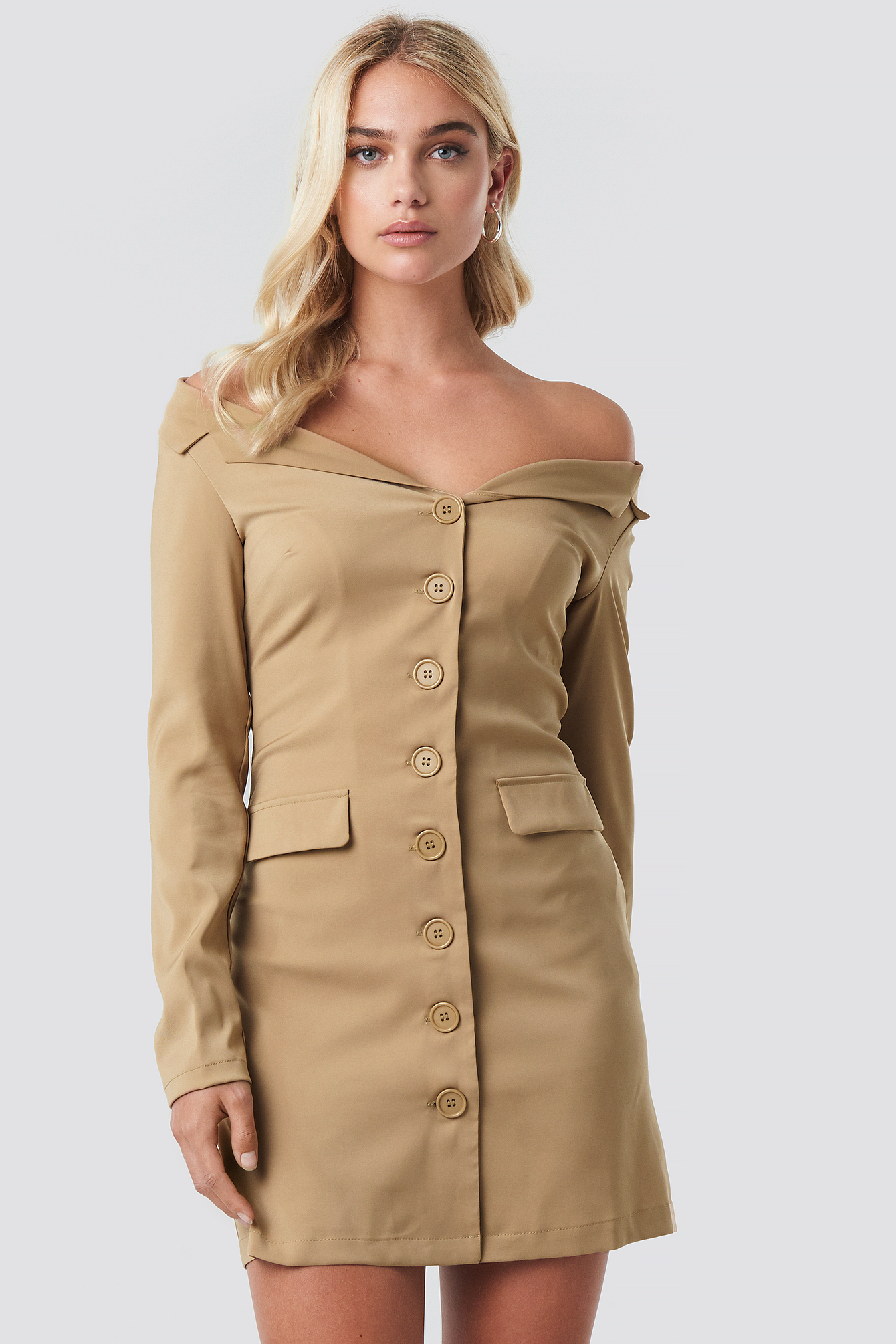 Off Shoulder Blazer Dress Dark Sand