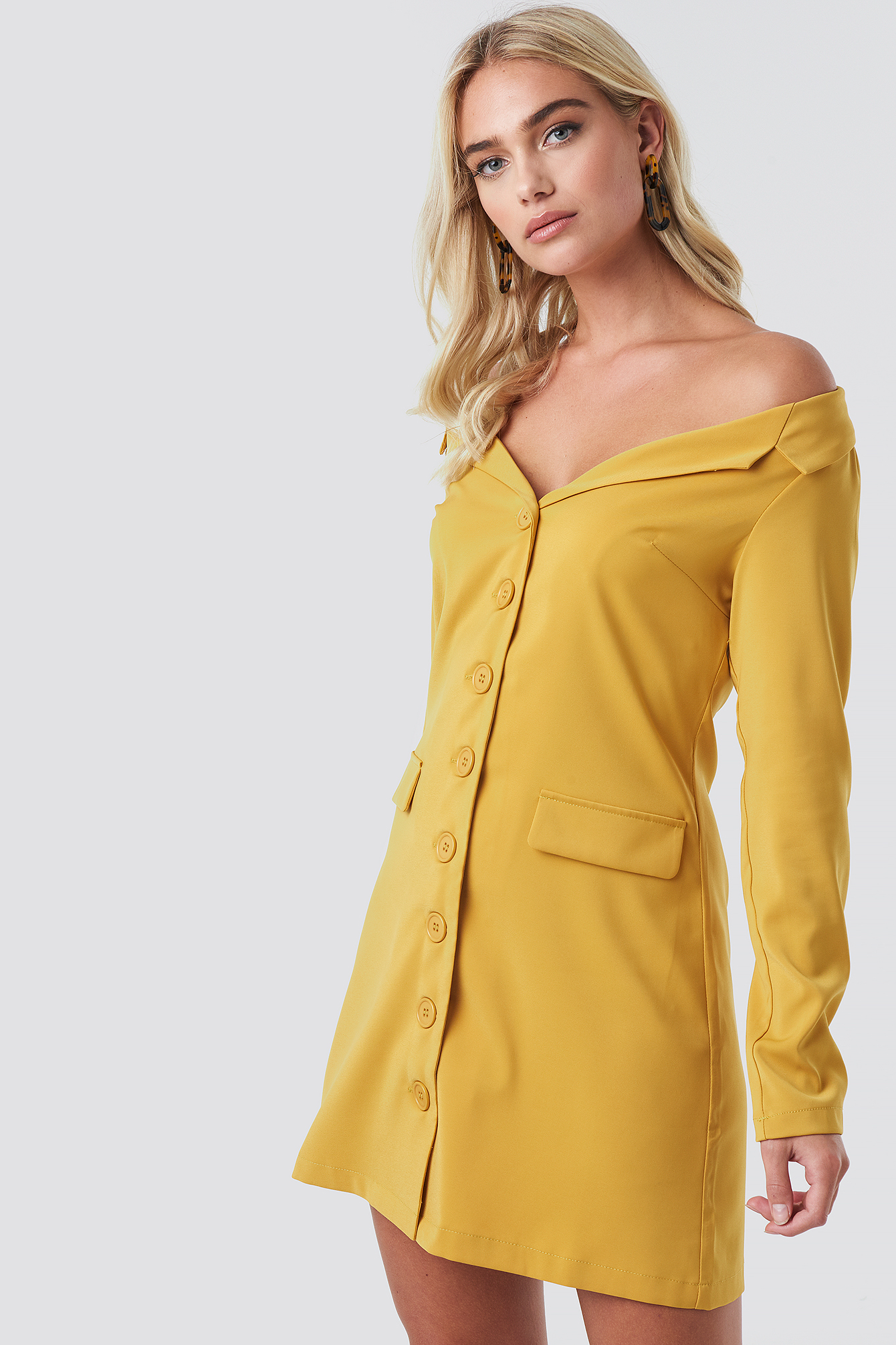 Off Shoulder Blazer Dress Mustard Yellow