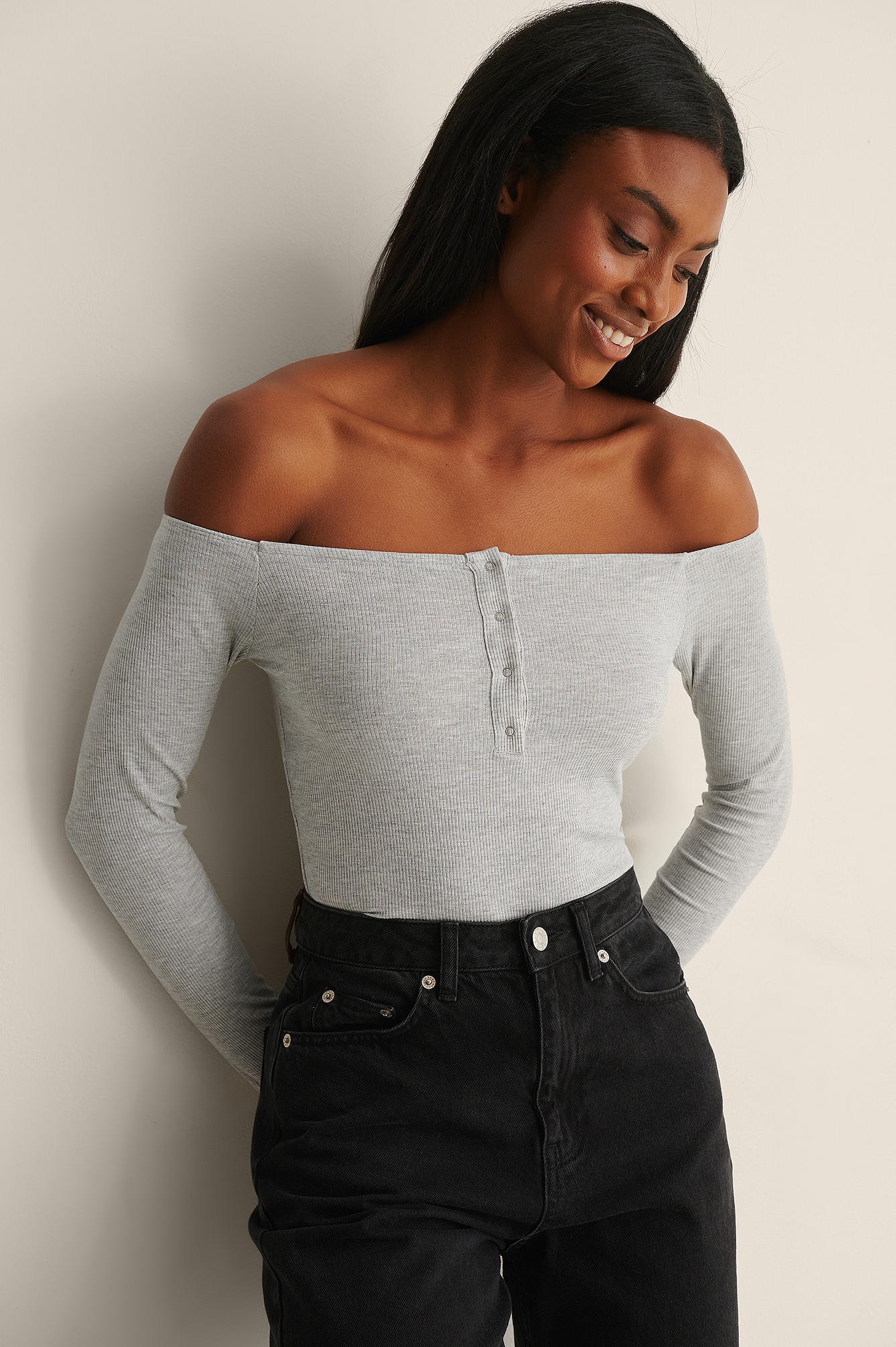 NA-KD Recycled Off Shoulder Button Top - Grey