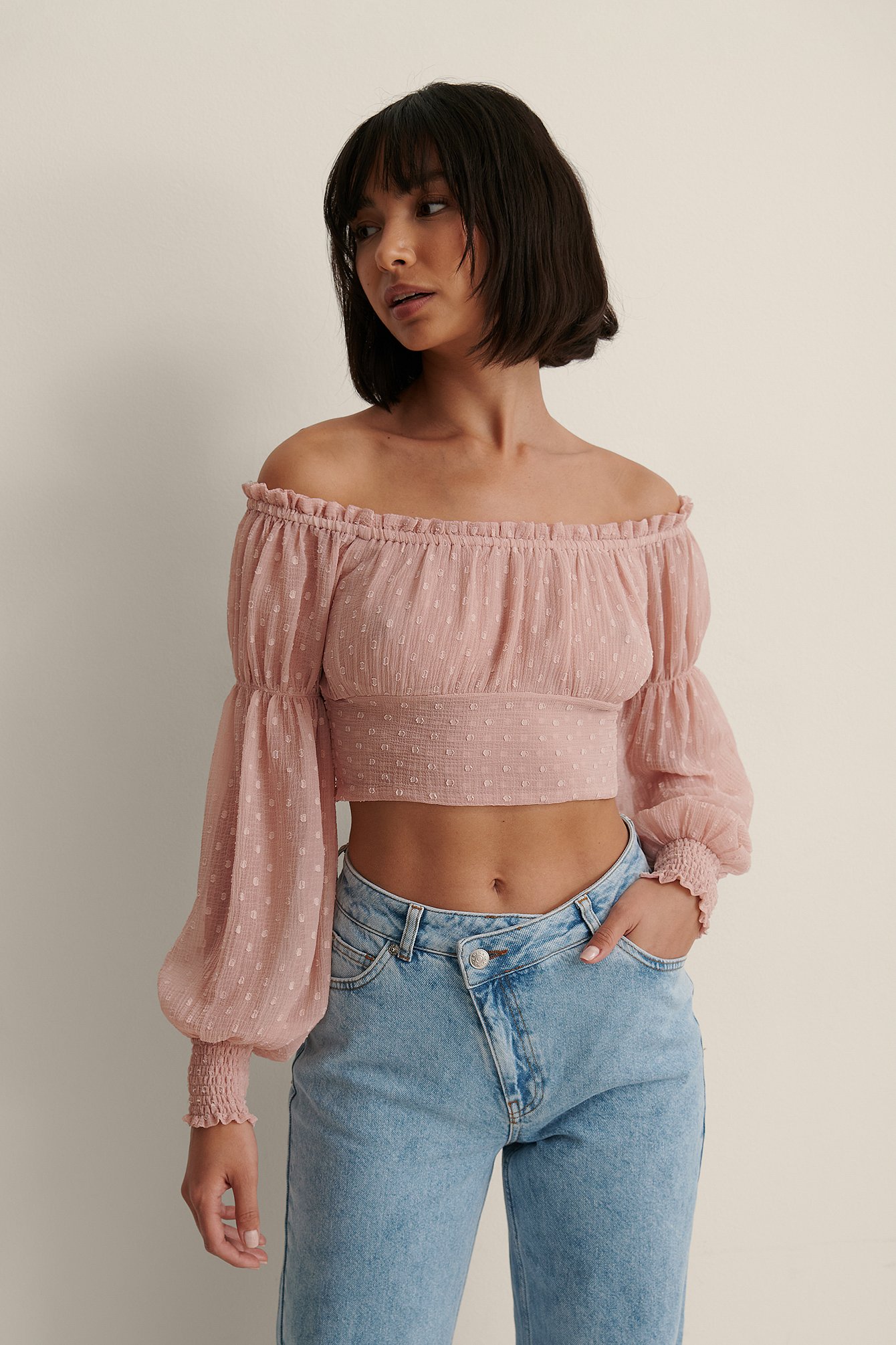 Dusty Pink Schulterfreie Dobby-Bluse