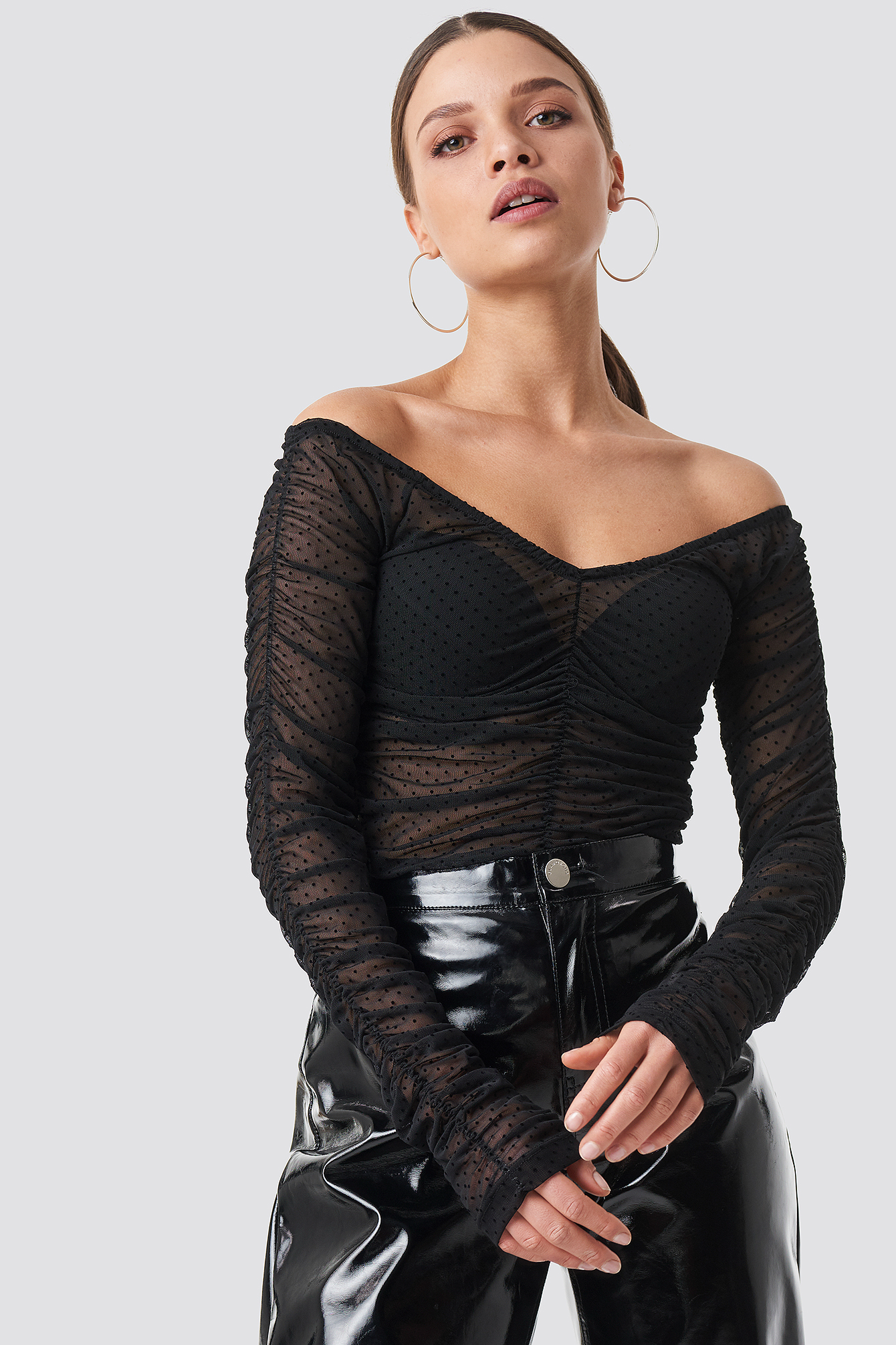 Off Shoulder Dotted Mesh Top Black