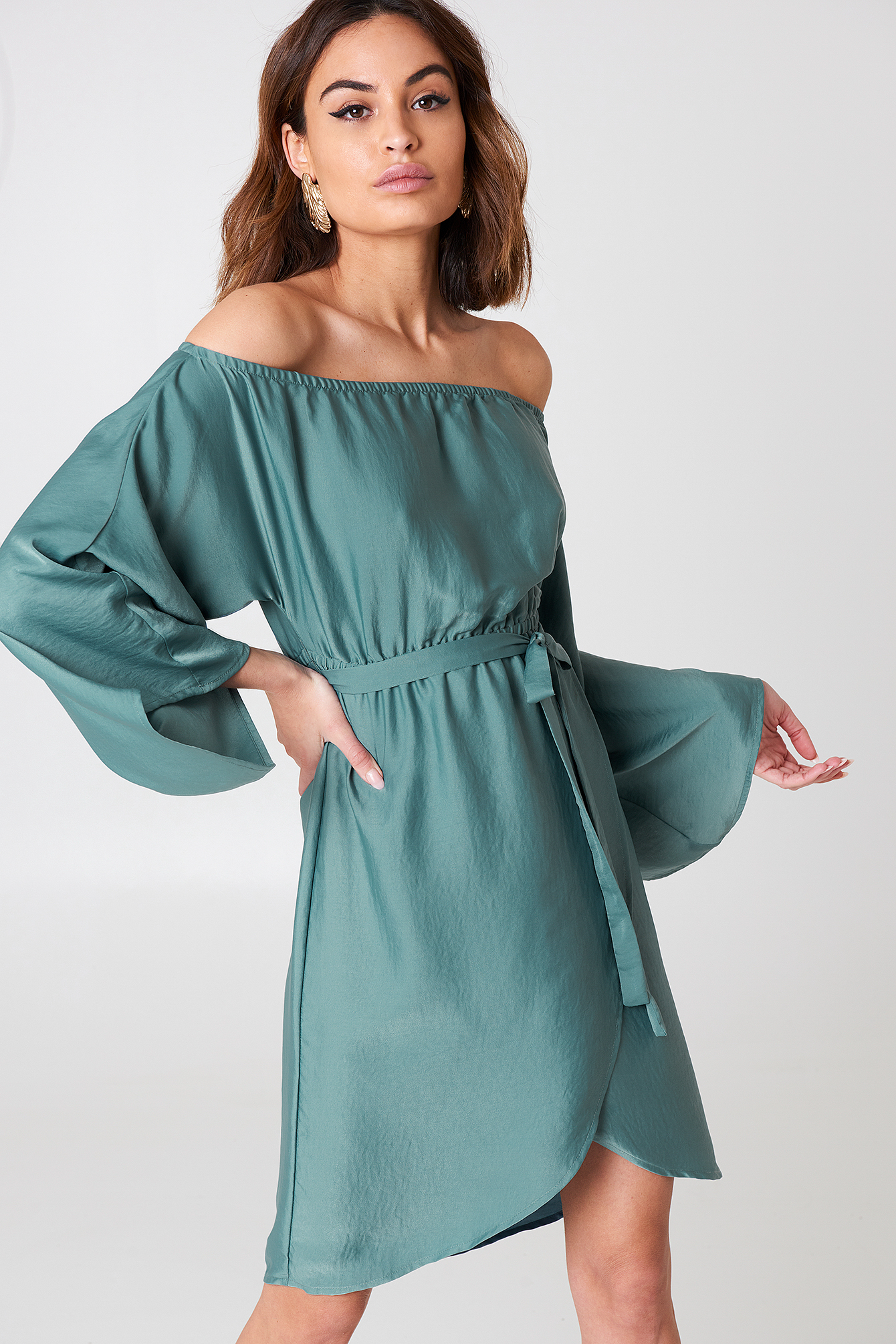 Off Shoulder Kimono Sleeve Dress Dusty Green