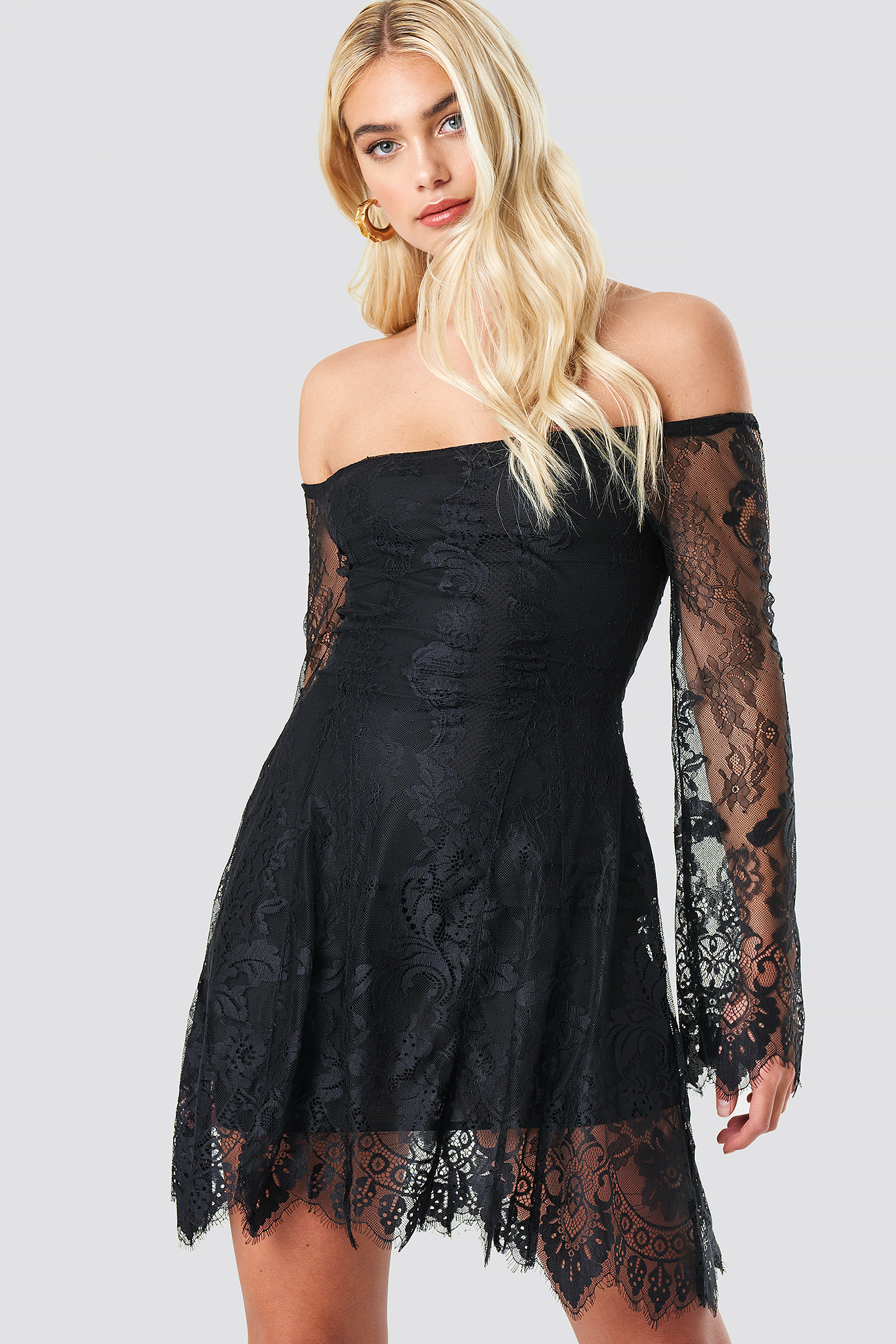 Off Shoulder Lace Mini Dress Black