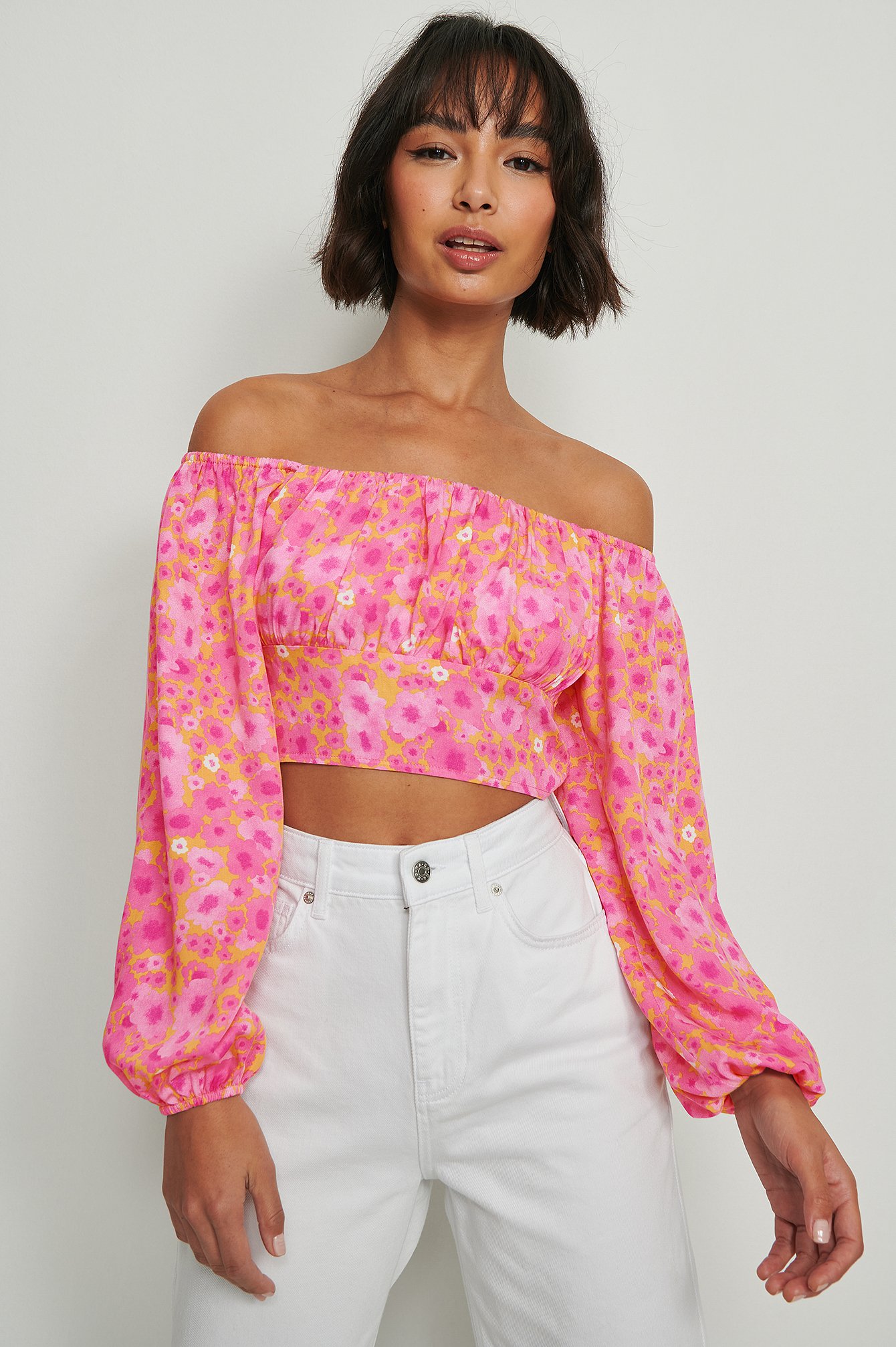 Orange/Pink Flower Schulterfreie Bluse mit langen Ärmeln