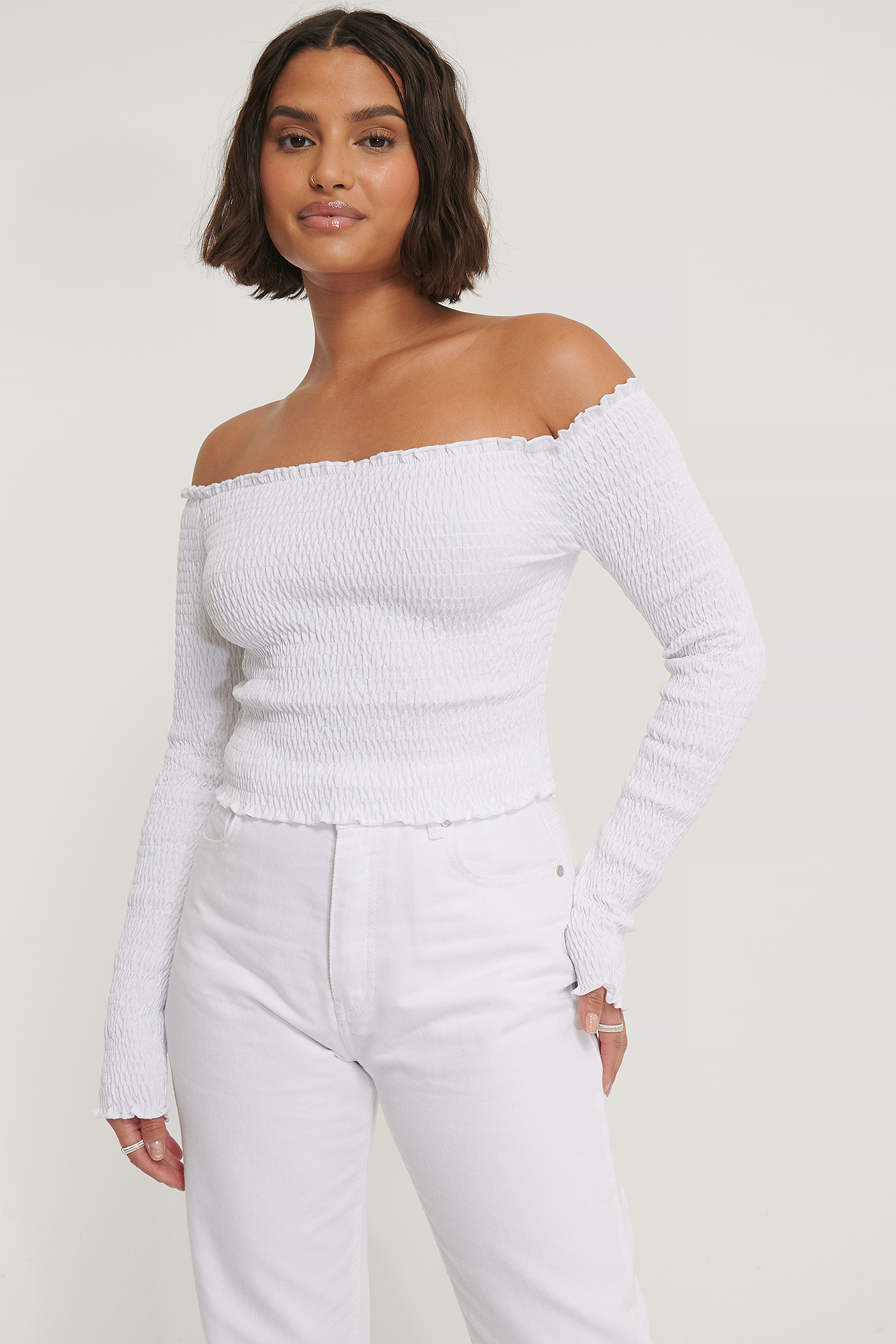 white long sleeve off the shoulder top