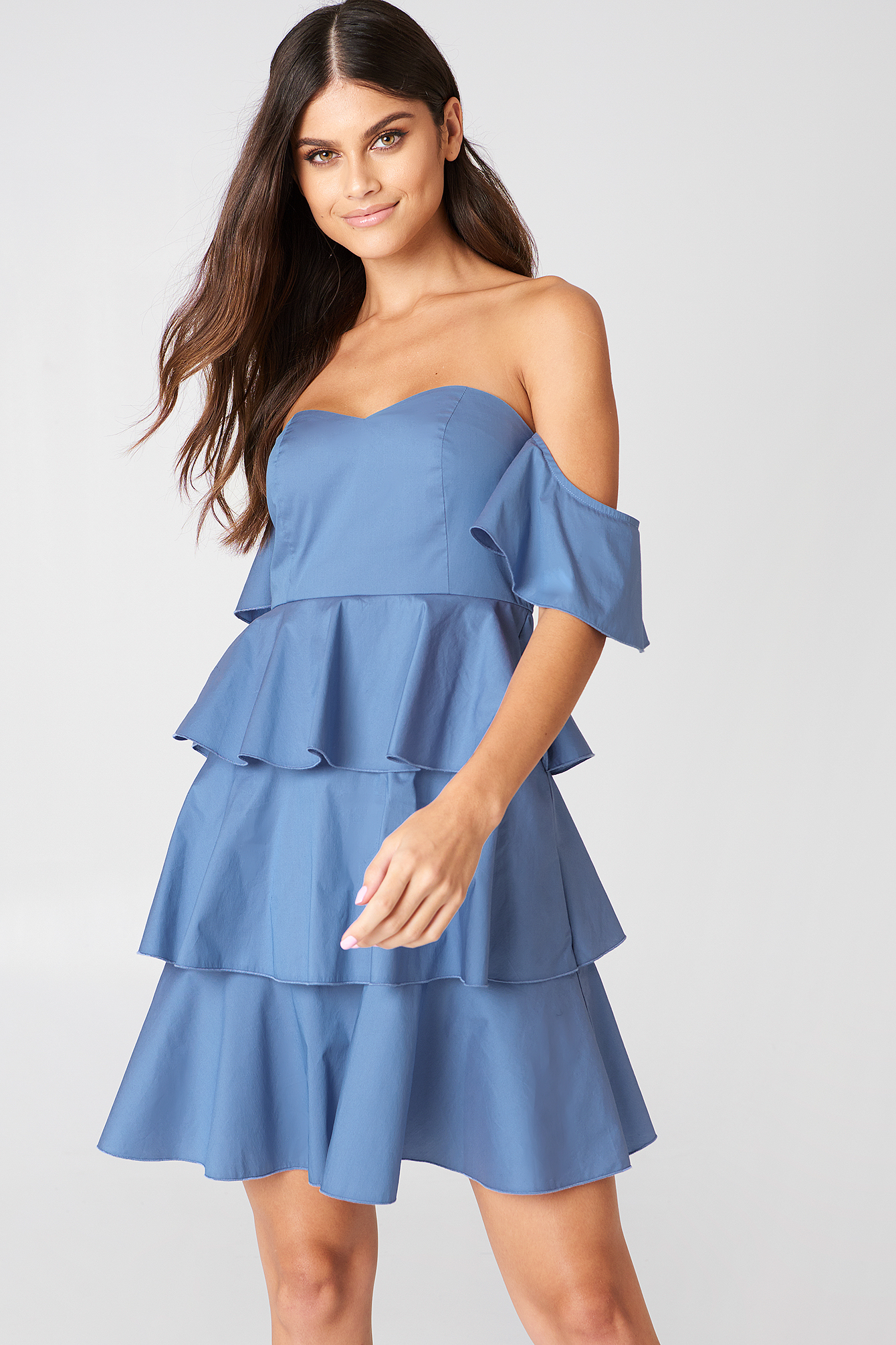 Off Shoulder Mini Flounce Dress Blue