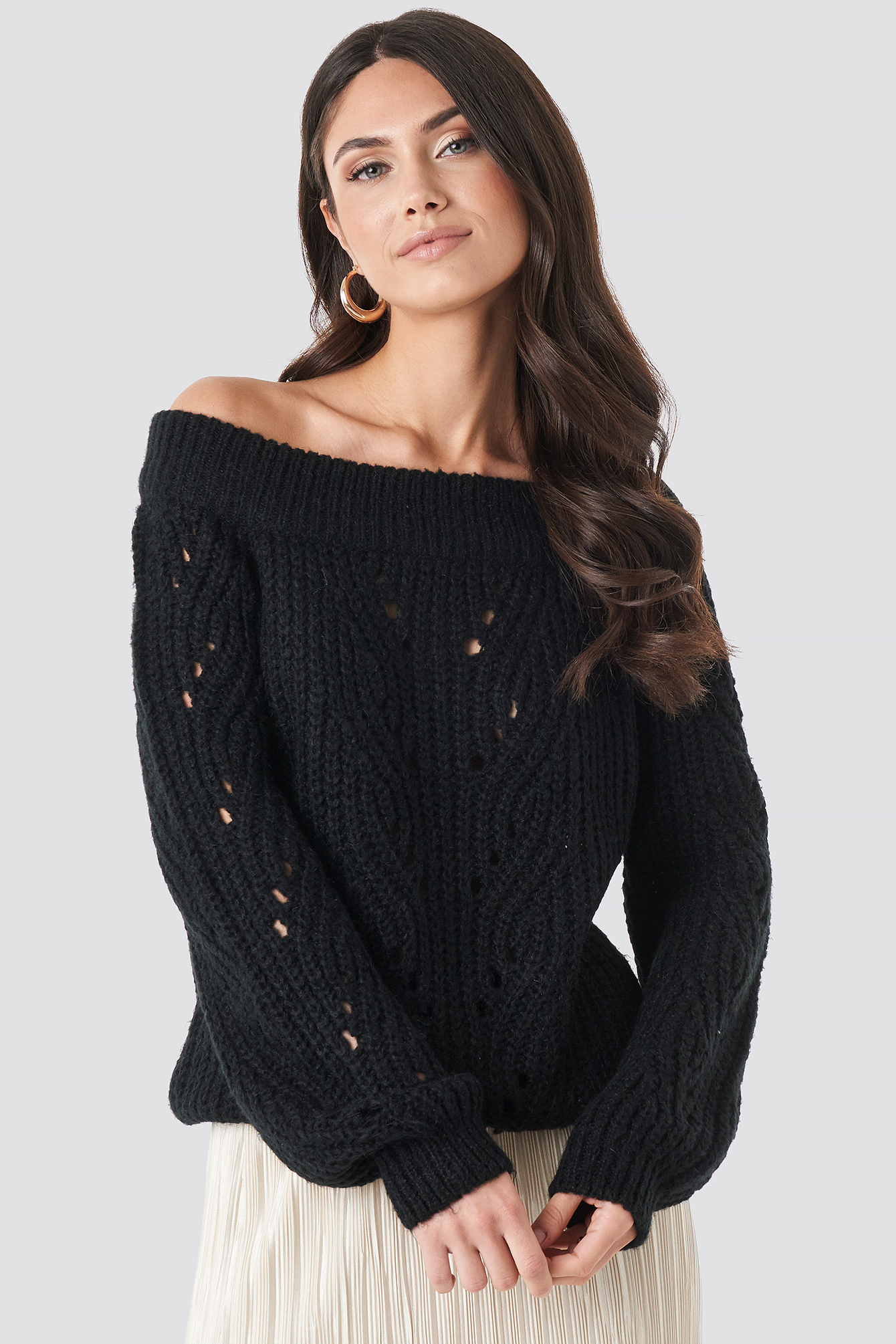Black NA-KD Trend Off Shoulder Pointelle Knitted Sweater