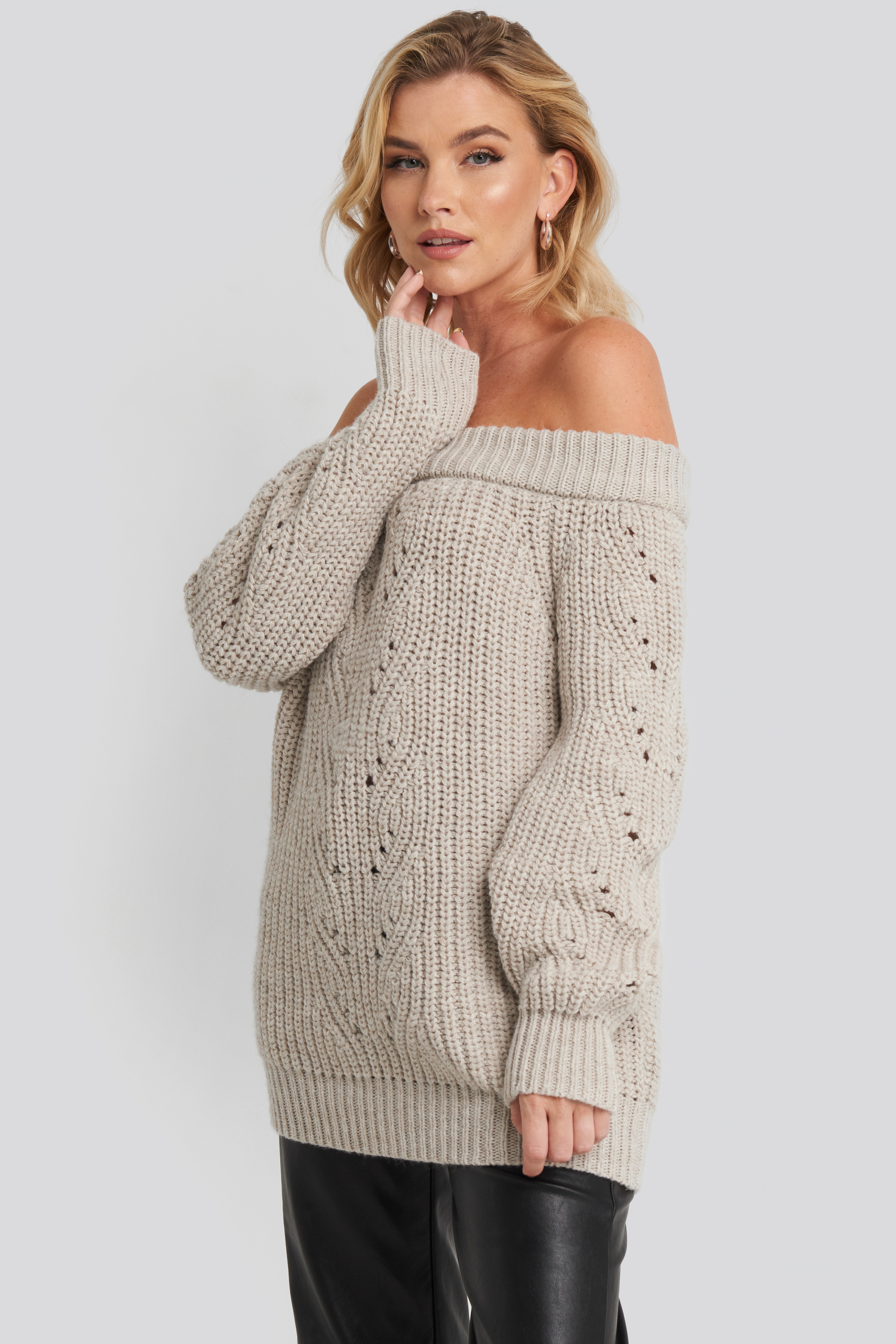 Off  Shoulder Pointelle Knitted Sweater Beige