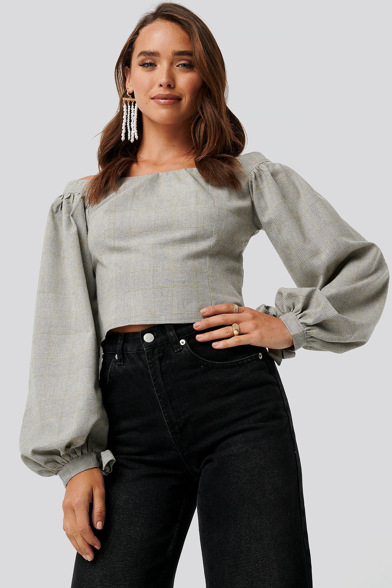 Grey Check Off Shoulder Puff Sleeve Checked Top