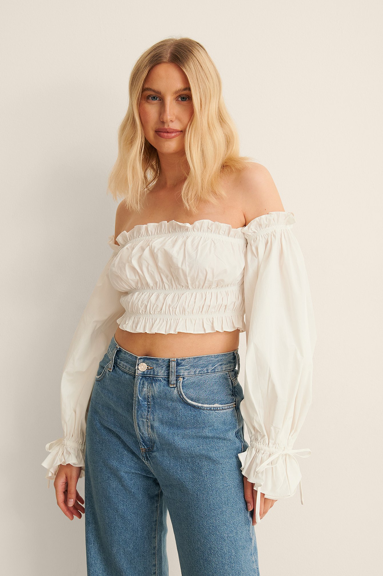 White Off Shoulder Puff Sleeve Cotton Blouse