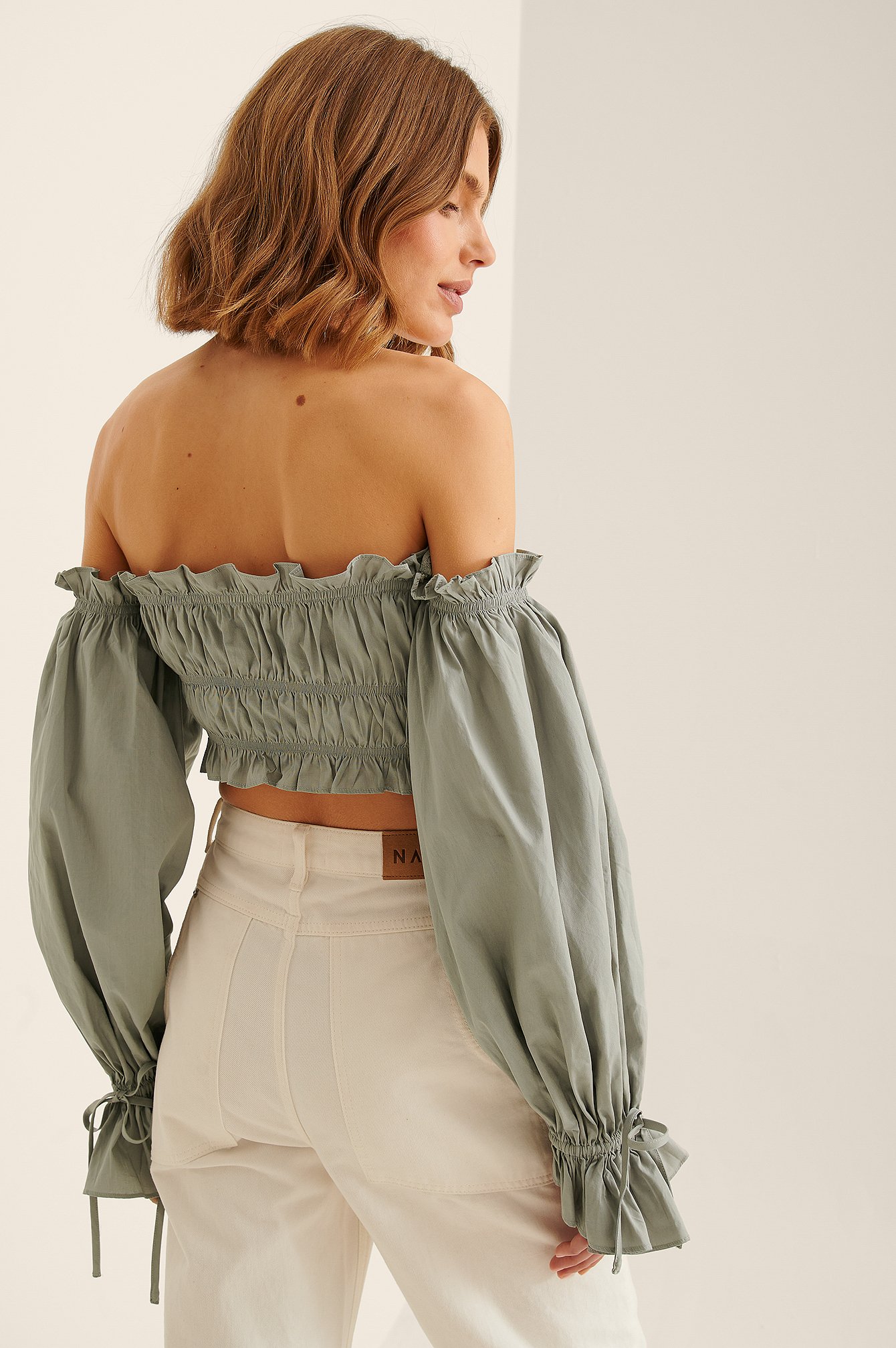 Dusty Blue Off Shoulder Puff Sleeve Cotton Blouse