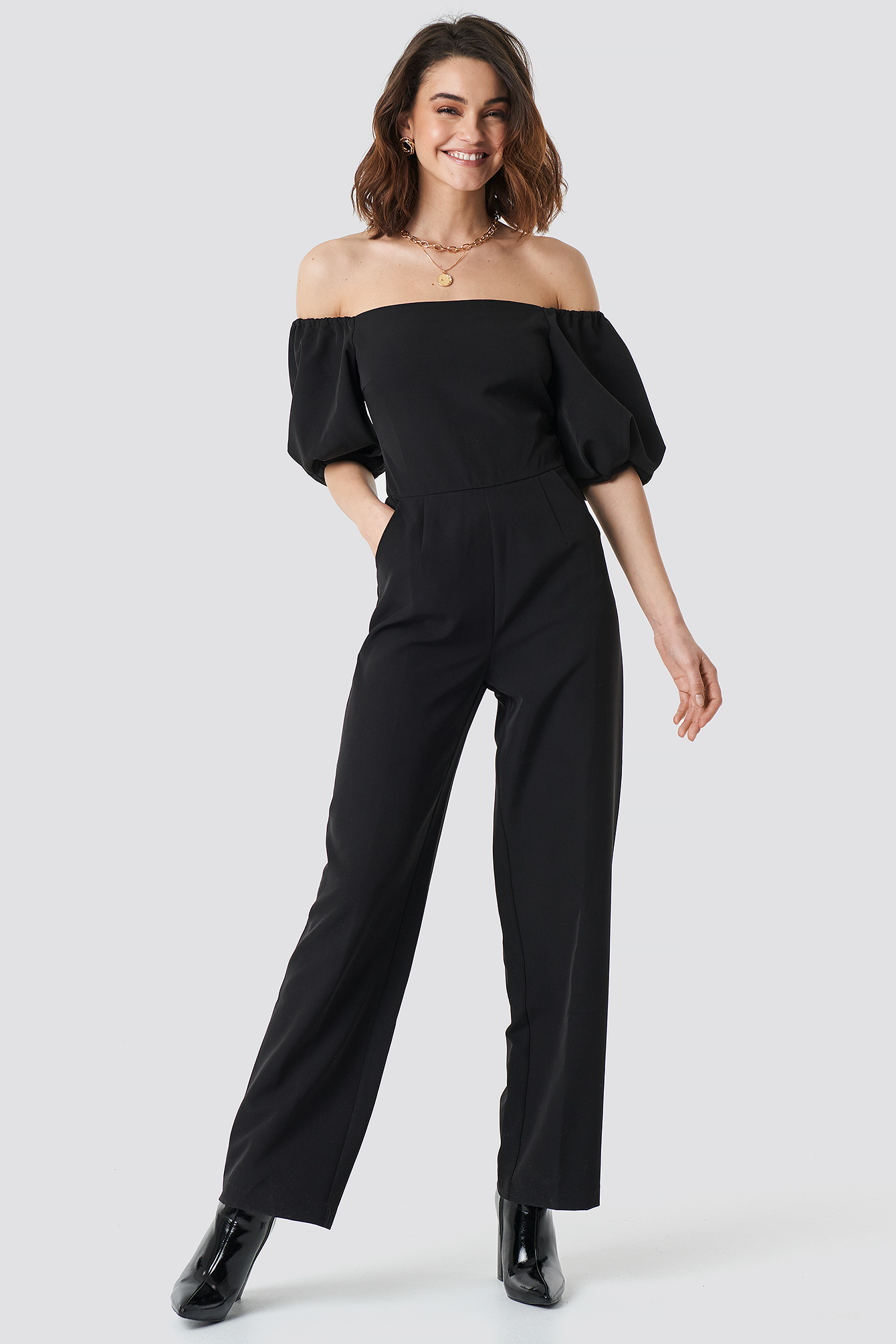 Off Shoulder Puff Sleeve Jumpsuit Black