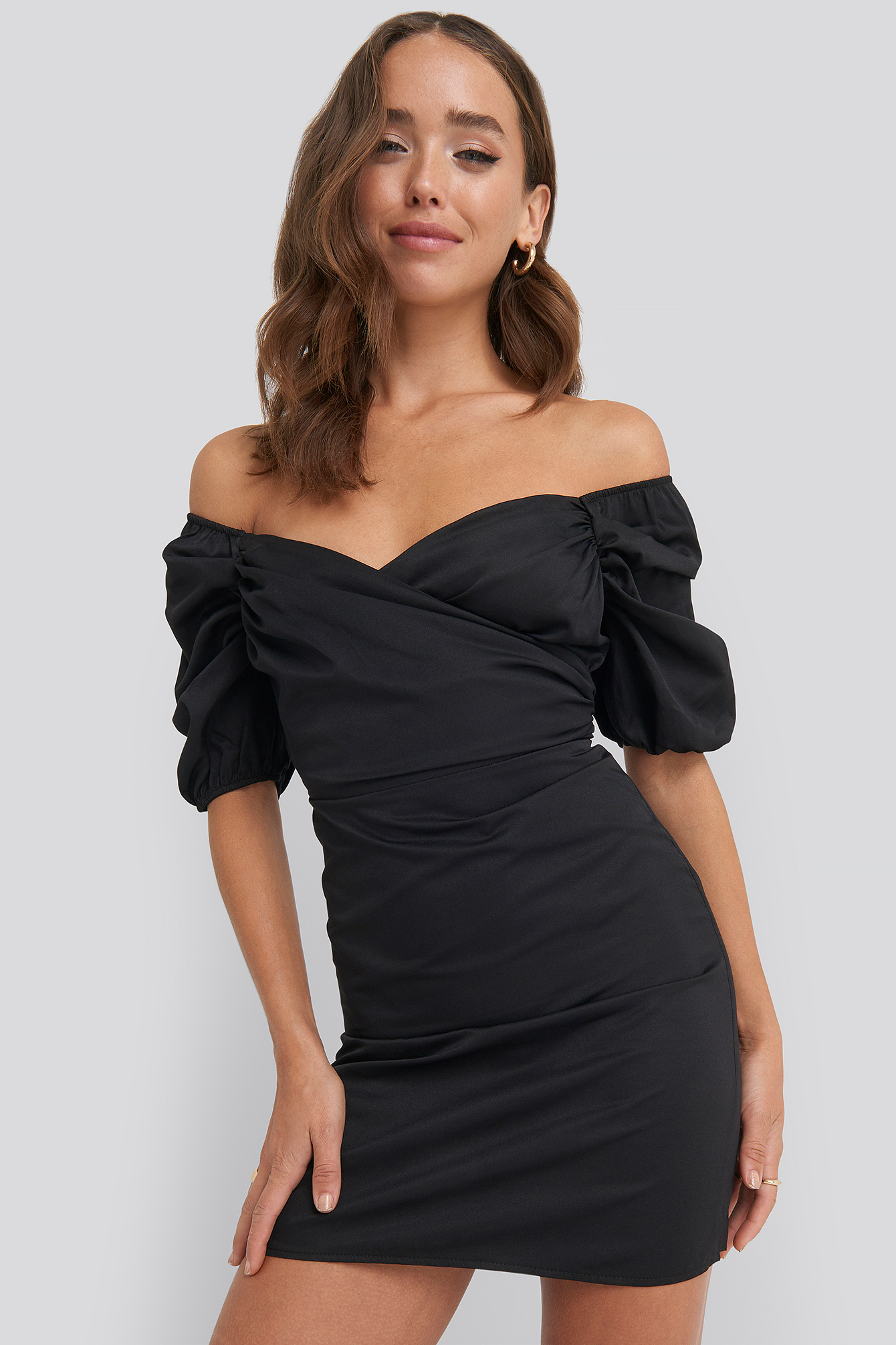 Off Shoulder Puff Sleeve Mini Dress Black