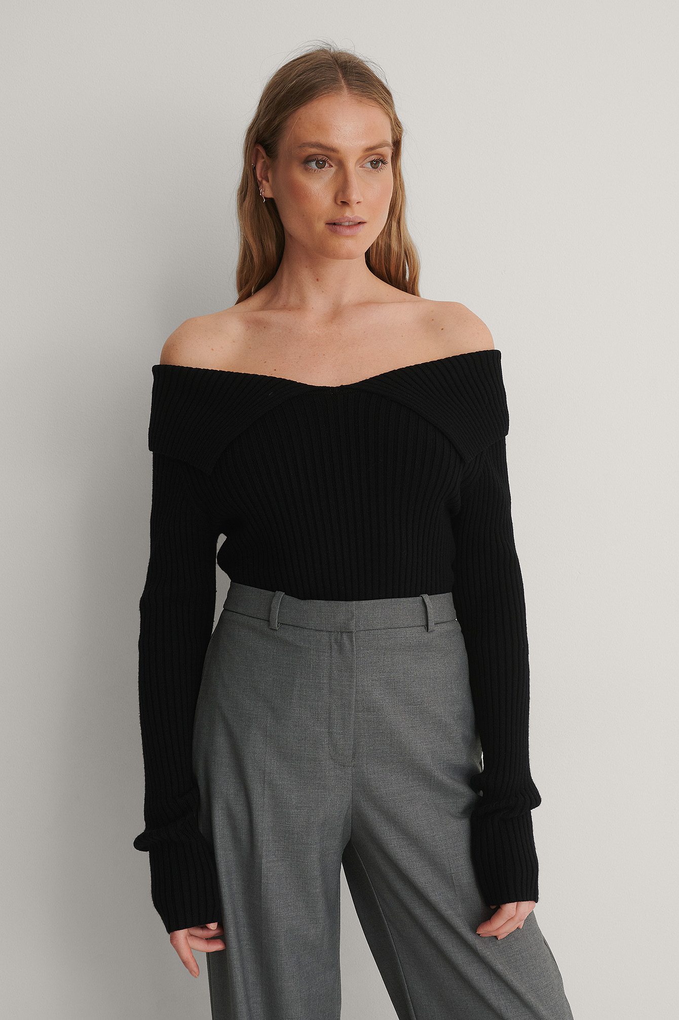 Off Shoulder Ribbed Knitted Sweater 