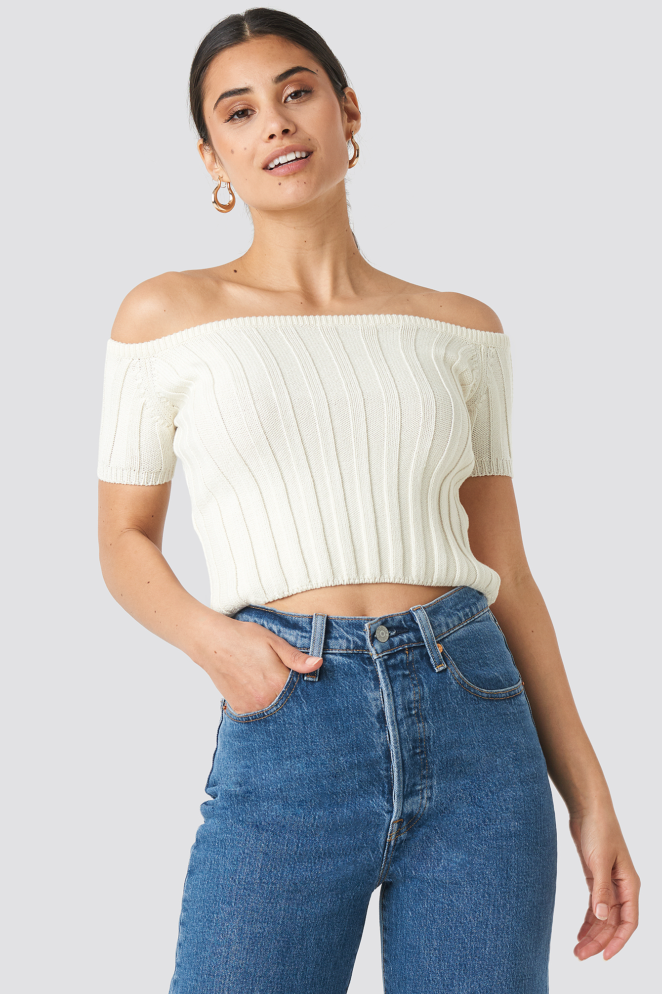 Off Shoulder Ribbed Knitted Top Offwhite