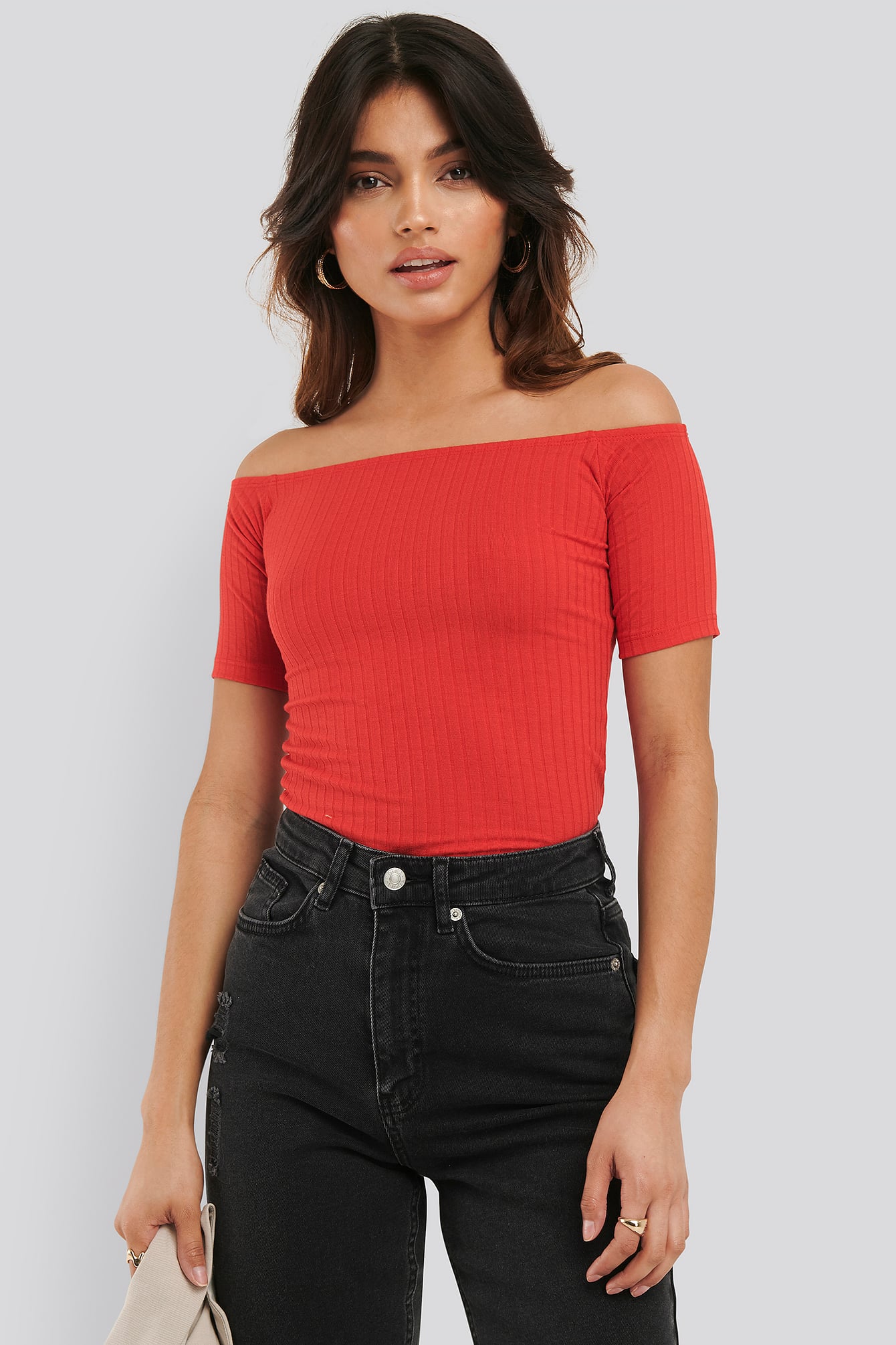 Off Shoulder Ribbed Top Red | NA-KD