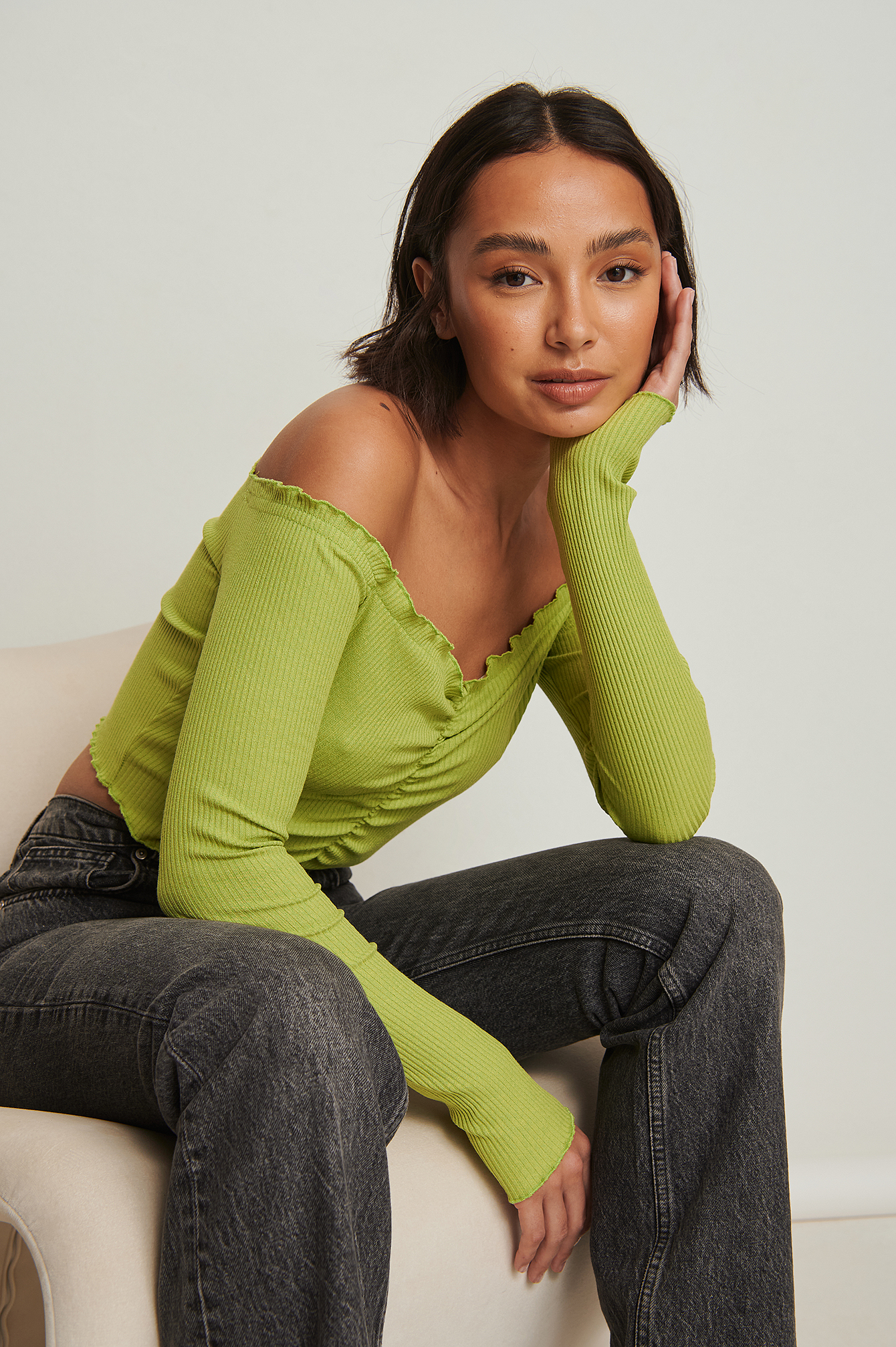 Off Shoulder Rouched Rib Top Green | na-kd.com