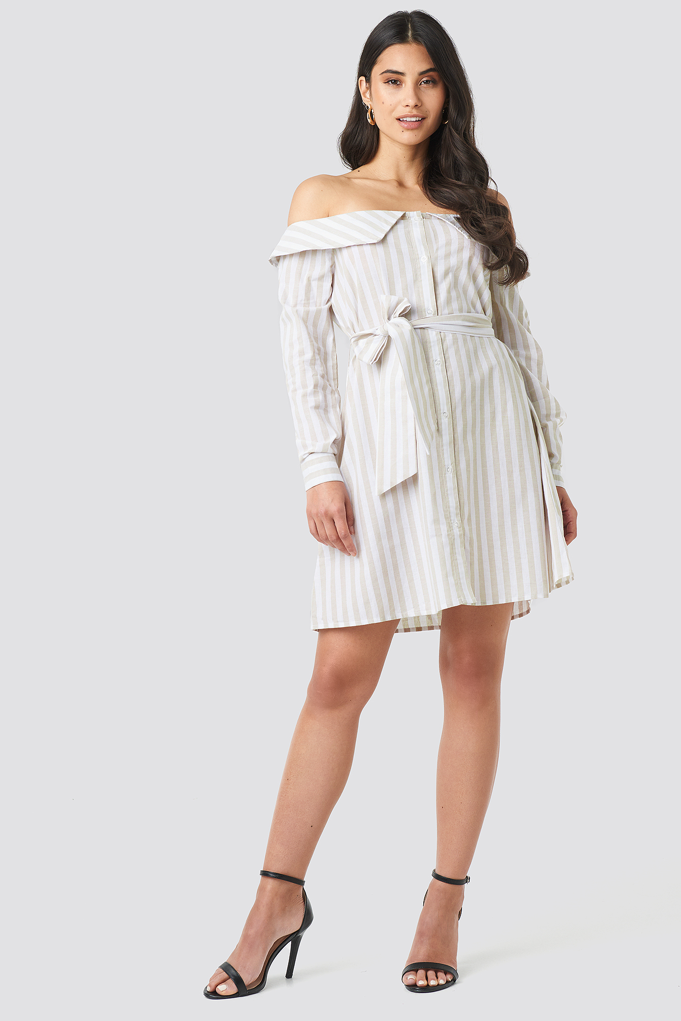Off Shoulder Shirt Dress Beige