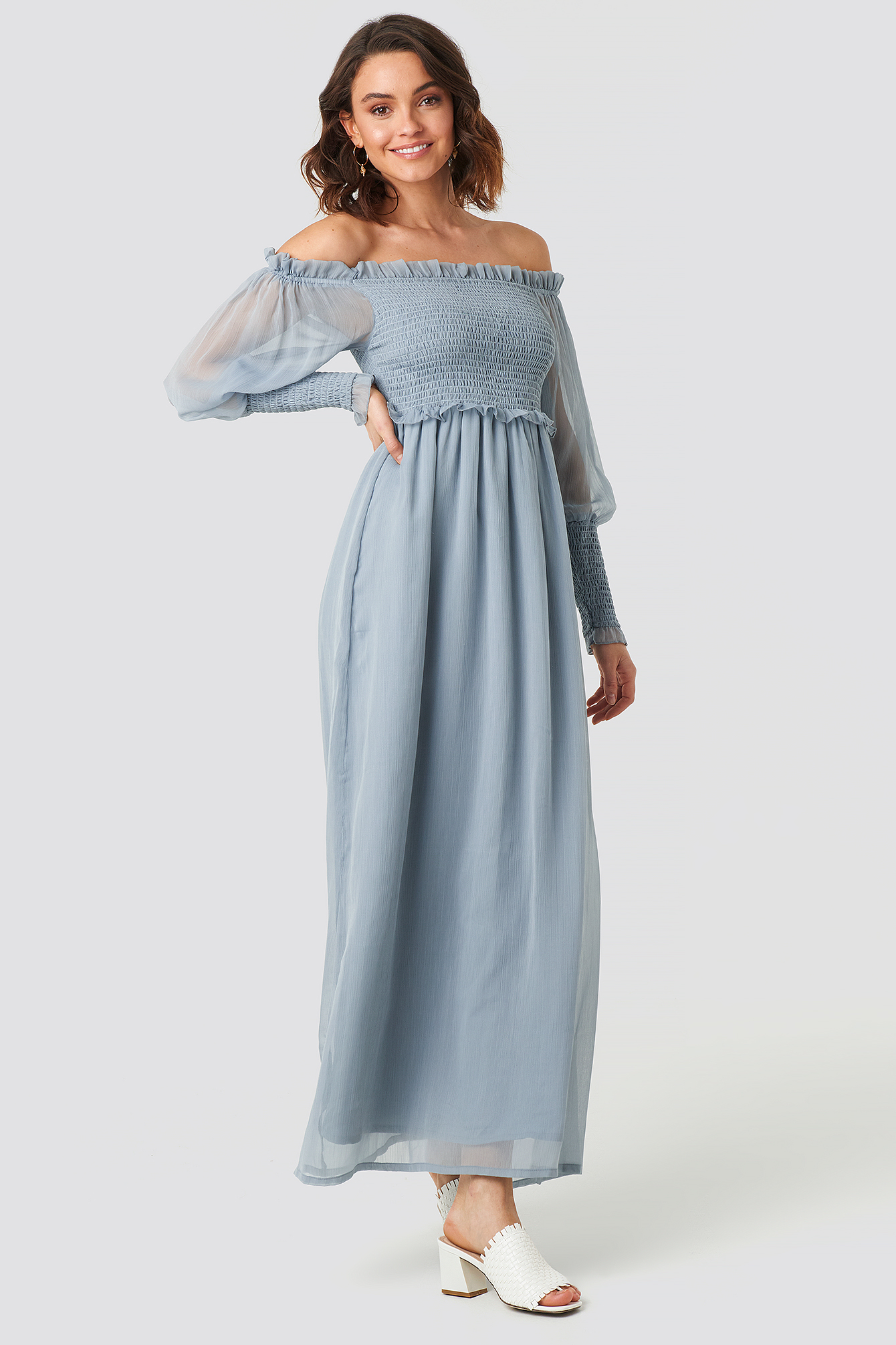 Off Shoulder Smock Chiffon Dress Light Blue