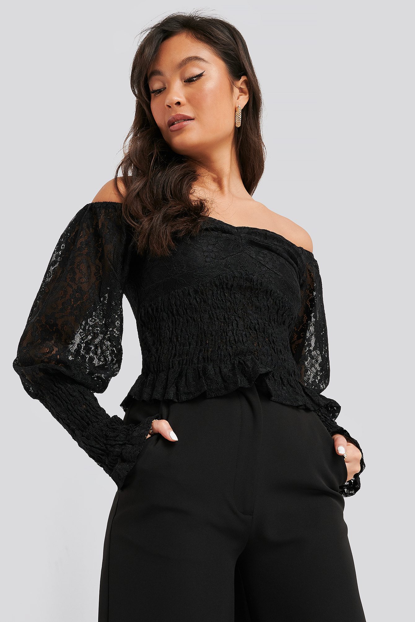 Off Shoulder Smock Lace Top Black