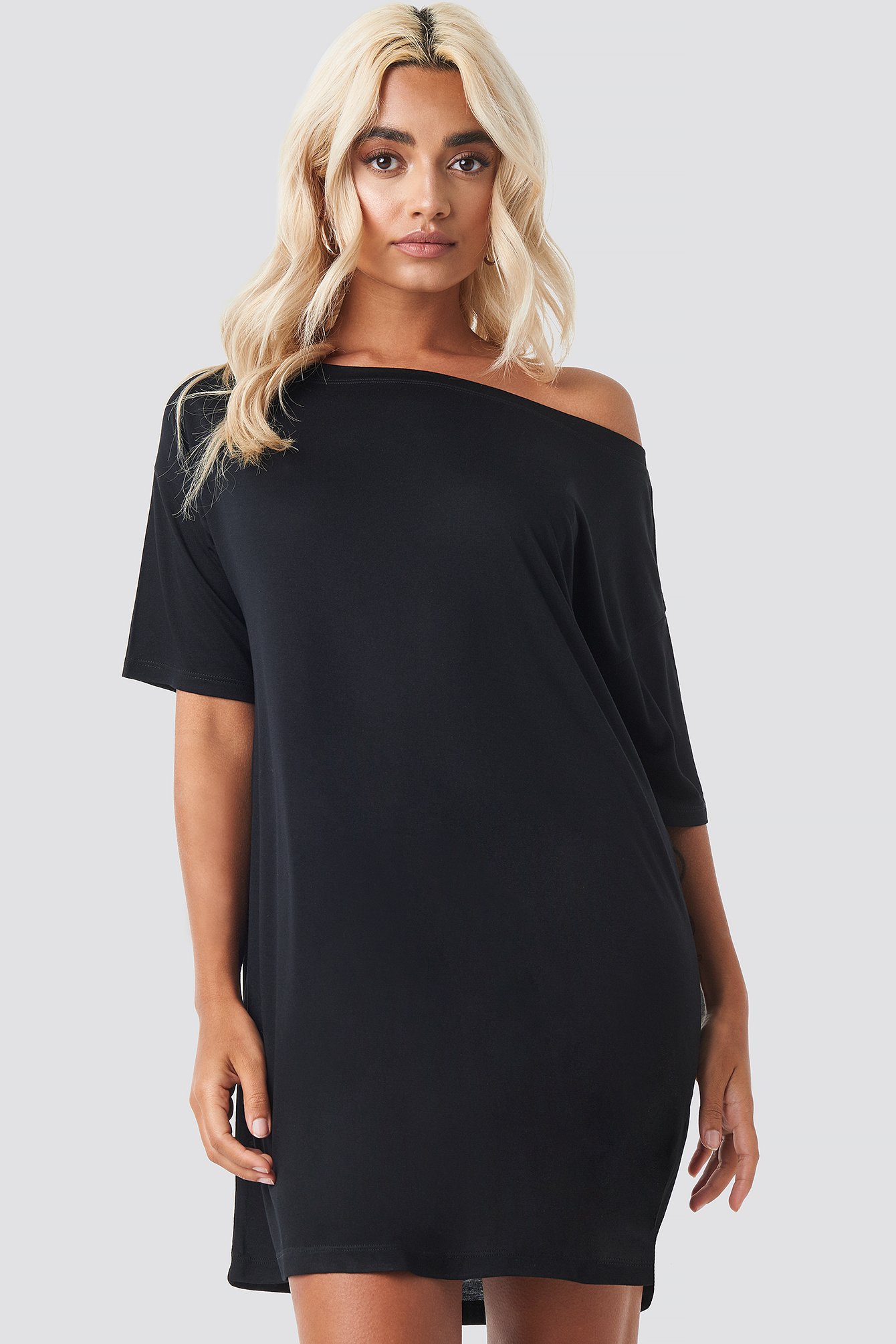Deep Black NA-KD Off Shoulder T-shirt Dress