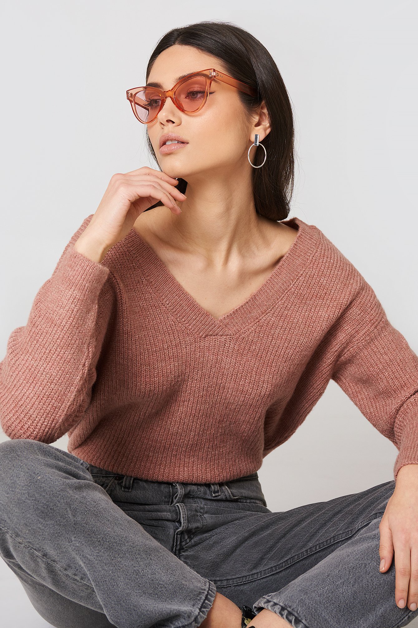 Dusty Pink NA-KD Off Shoulder V Knitted Sweater