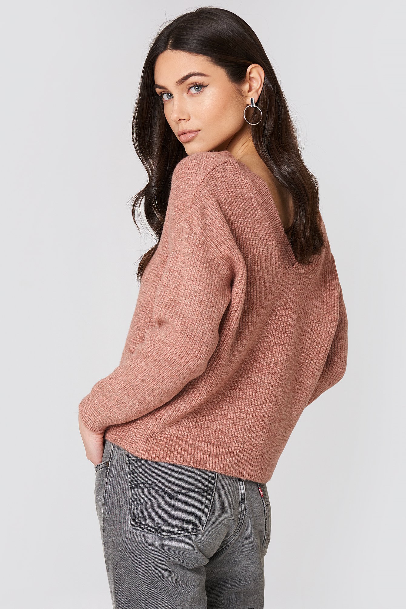 Dusty Pink Off Shoulder V Knitted Sweater
