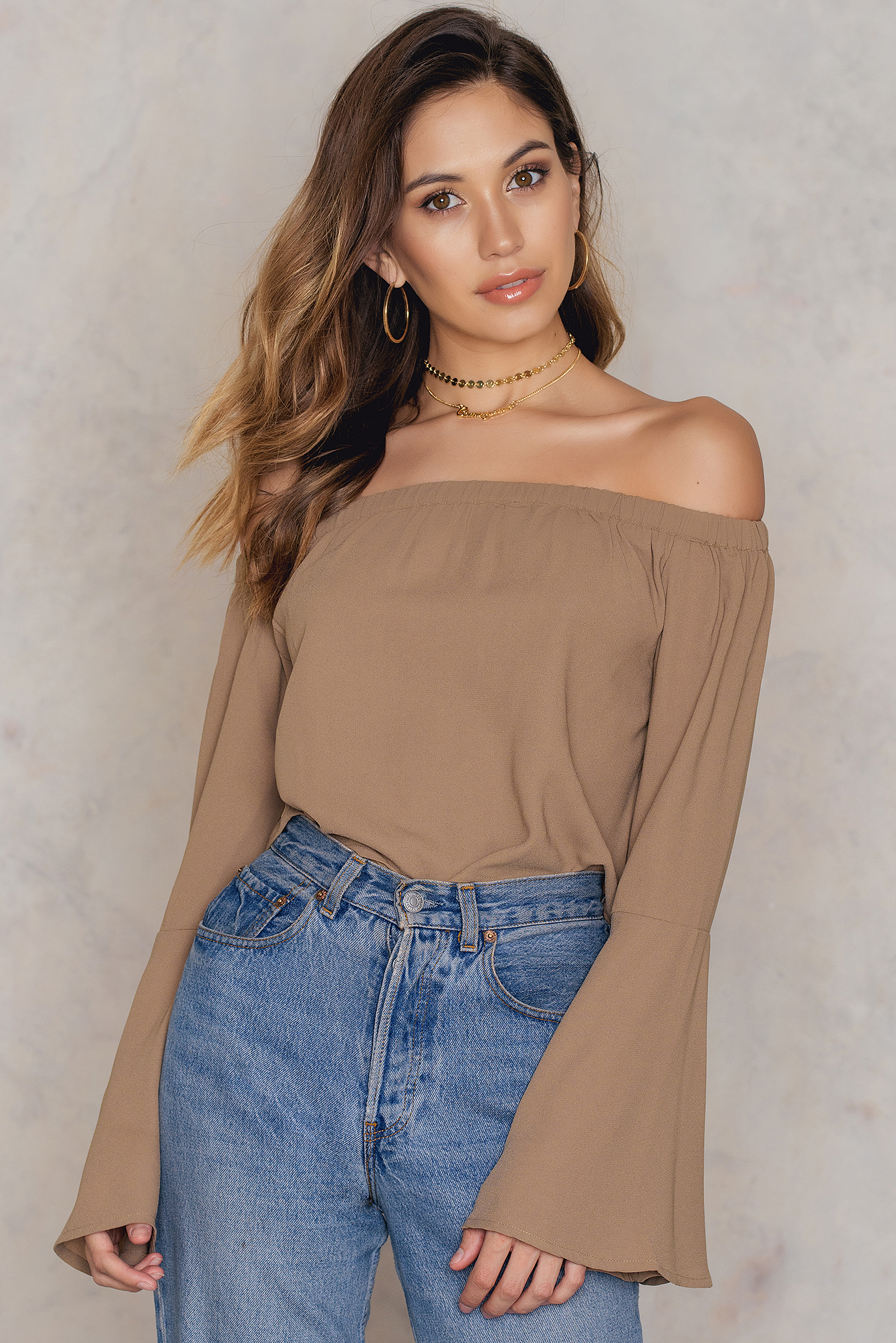 Off Shoulder Woven Wide Sleeve Top Beige NAKD