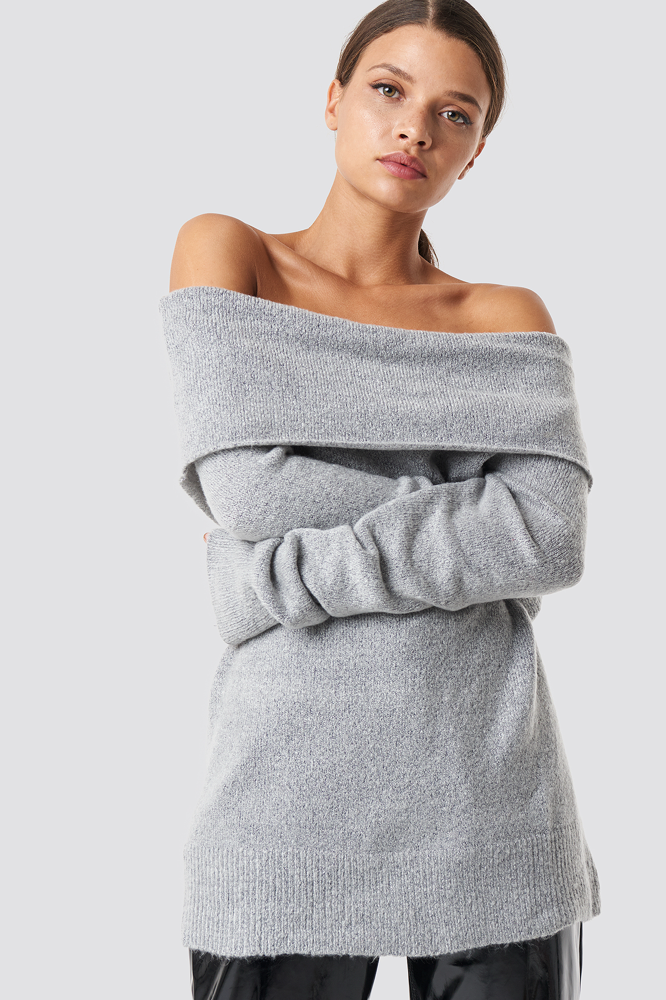 Offshoulder Folded Wide Sweater Lt Greymelange