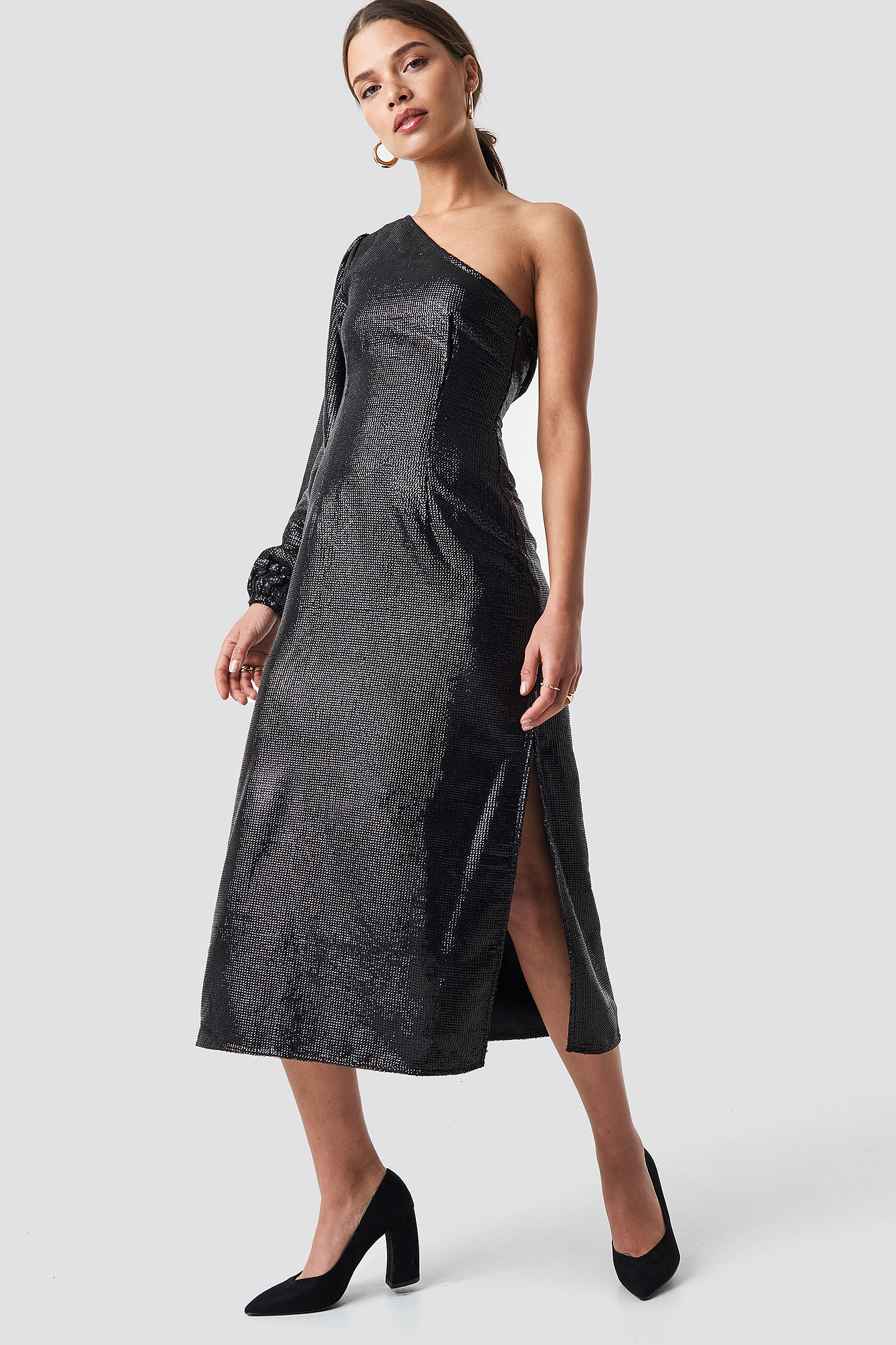 One Shoulder Balloon Sleeve Midi Dress Black
