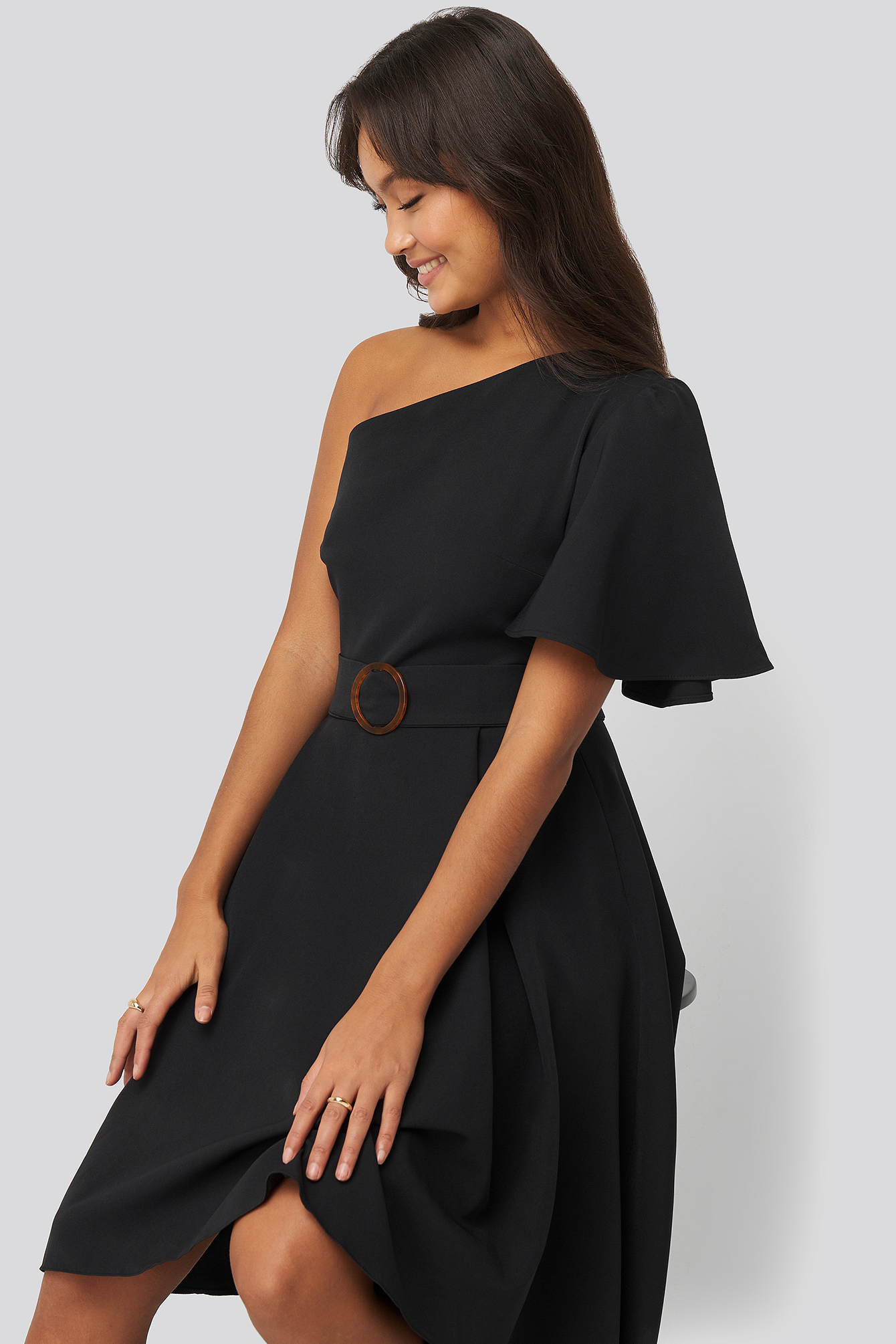One Shoulder Belted Midi Dress Black