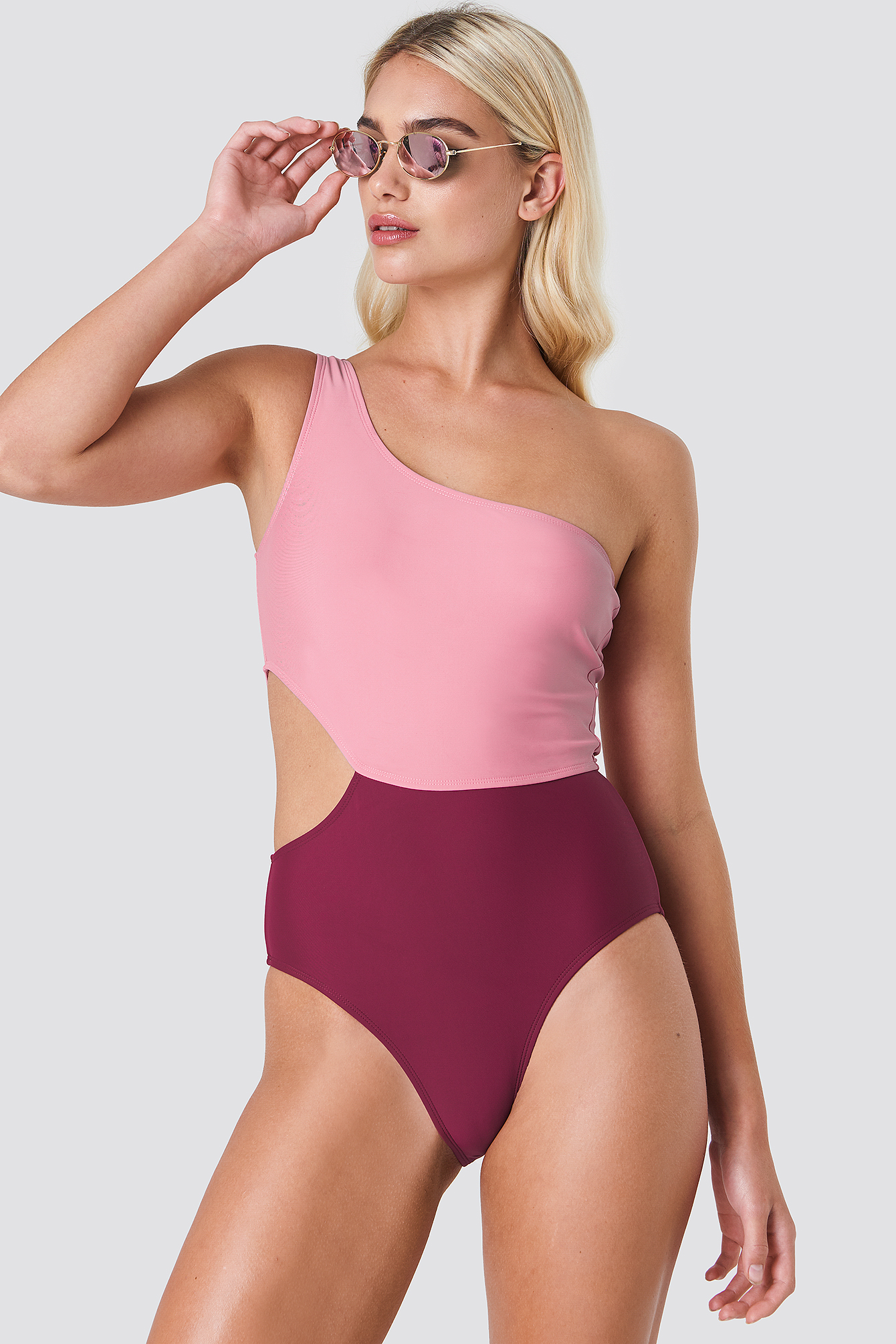 One Shoulder Block Swimsuit Pink Combo