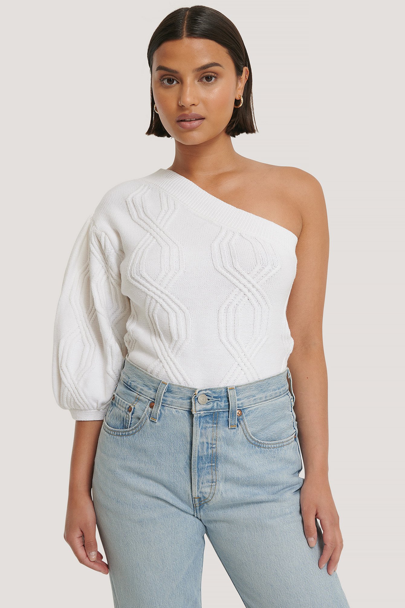 White One Shoulder Cable Knit Sweater