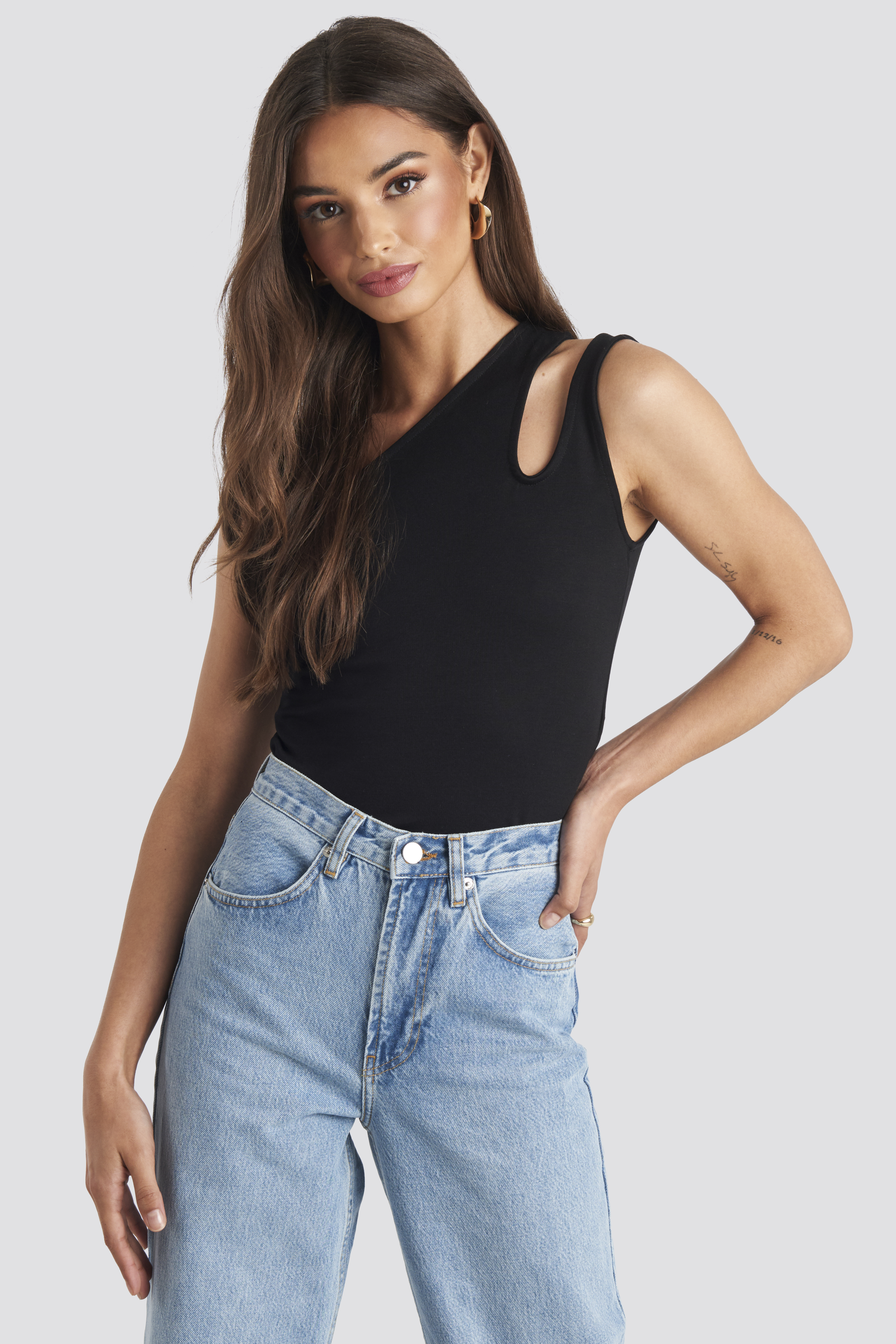 One Shoulder Cut Out Crop Top Black