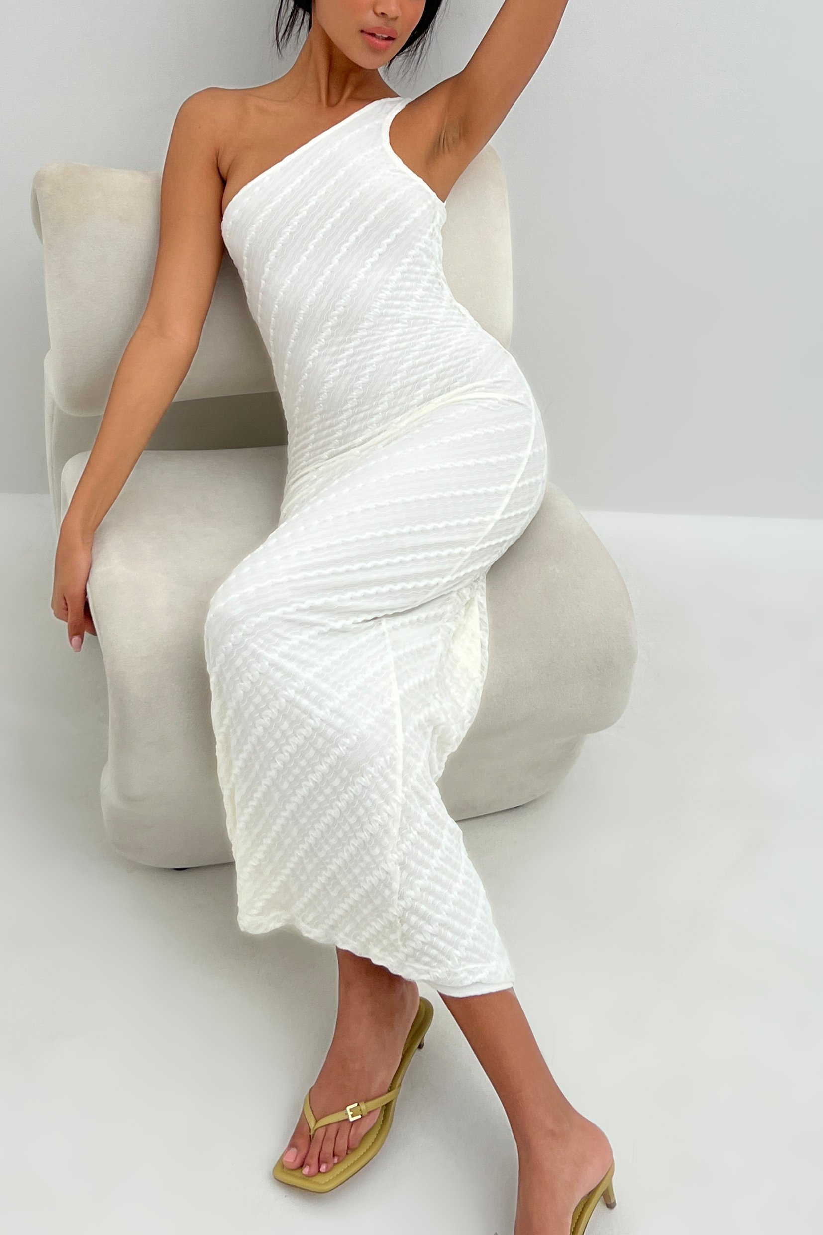 Offwhite One Shoulder Lace Midi Dress