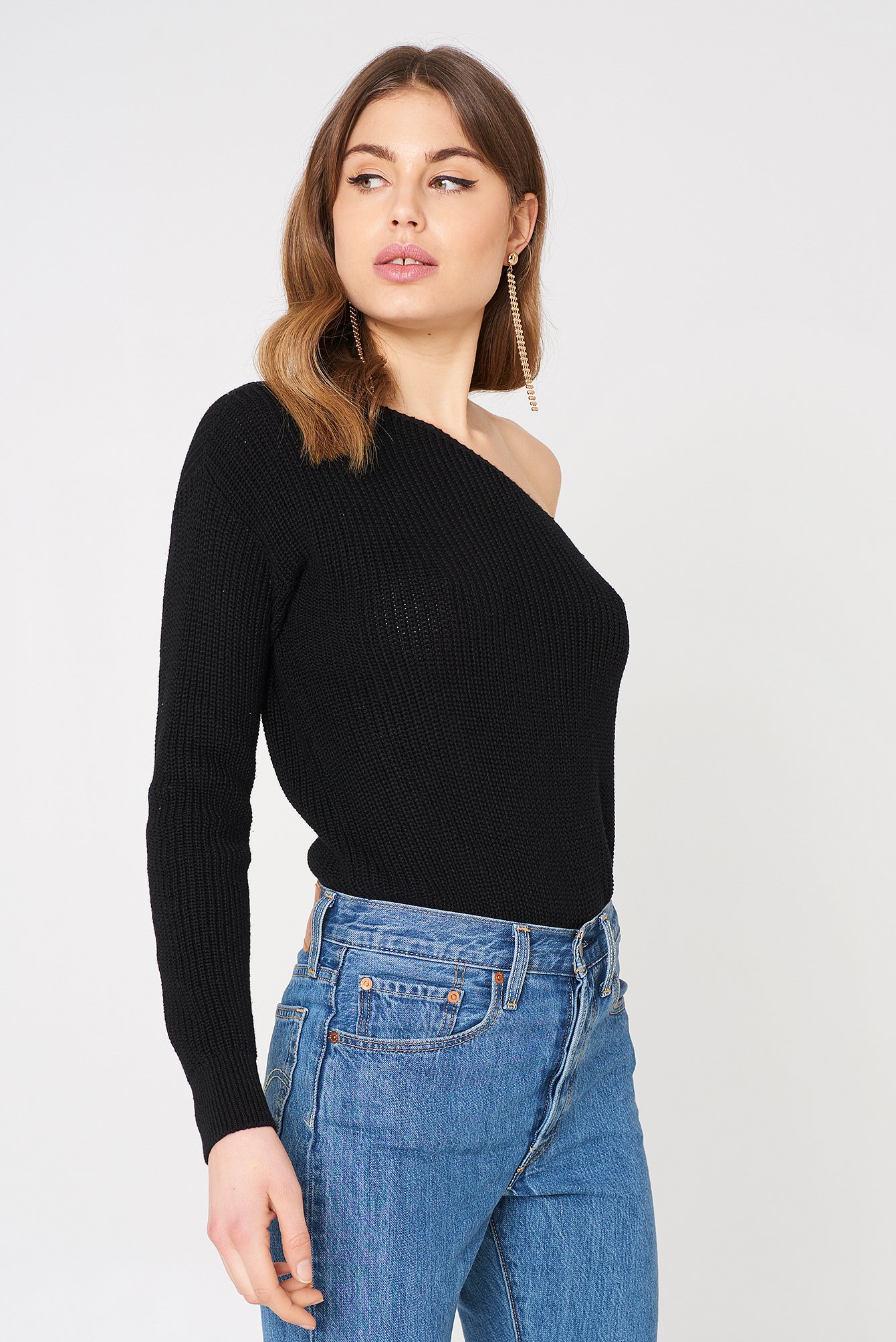One Shoulder Oversize Knitted Sweater Black | NA-KD