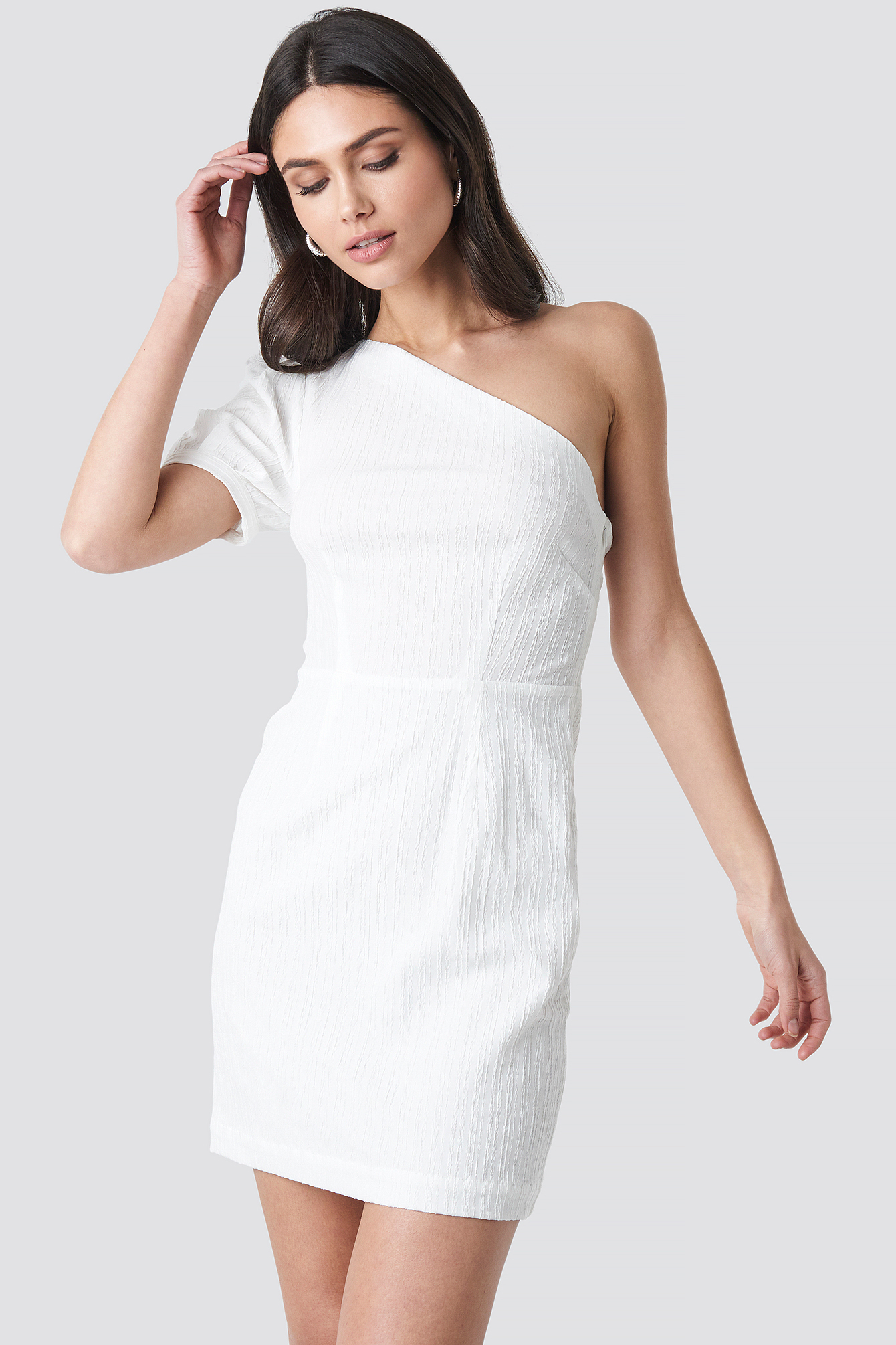 One Shoulder Puff Sleeve Mini Dress White