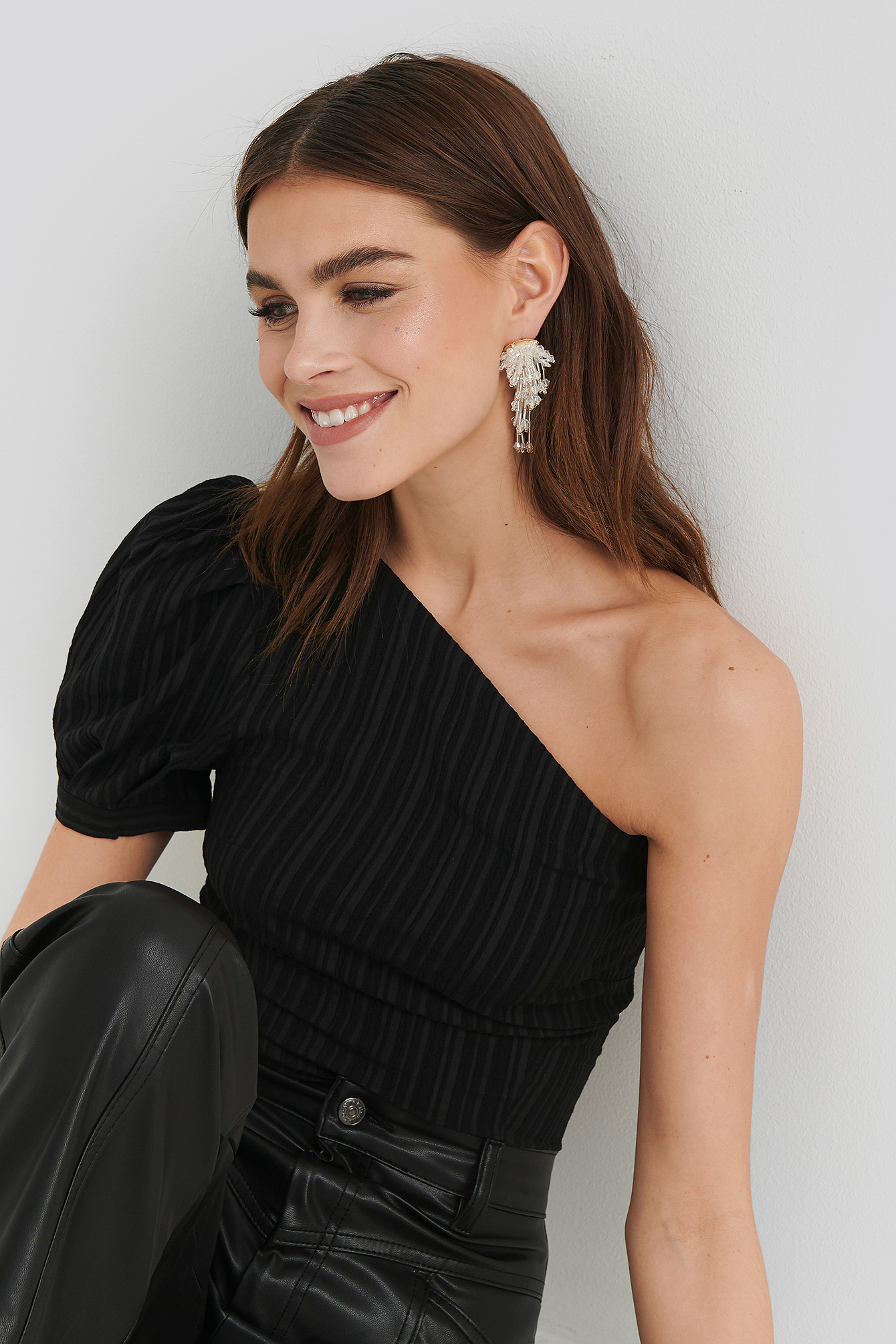 One Shoulder Puff Sleeve Top Black