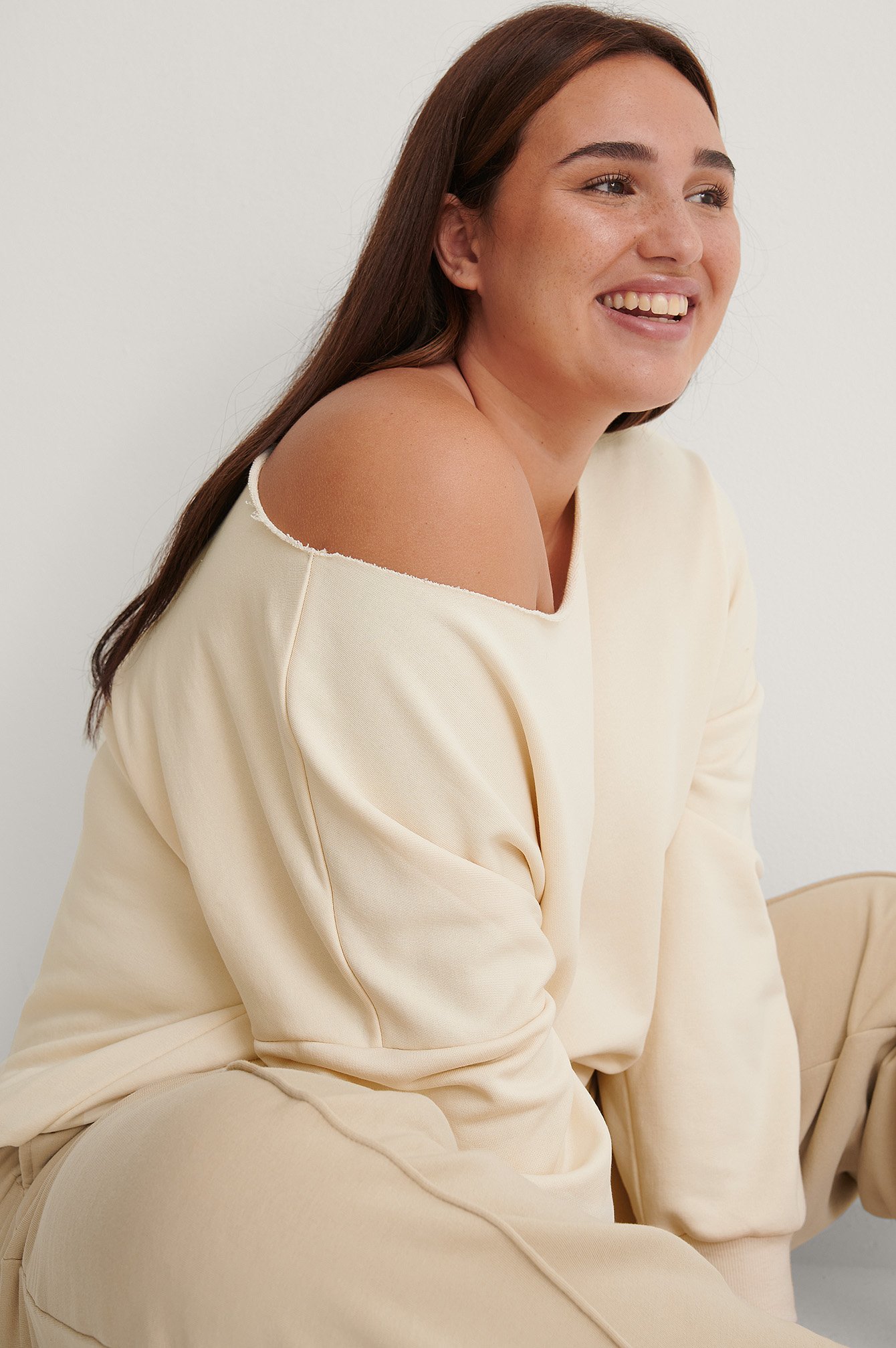 Beige Recycled One Shoulder Raw Edge Neck Sweater